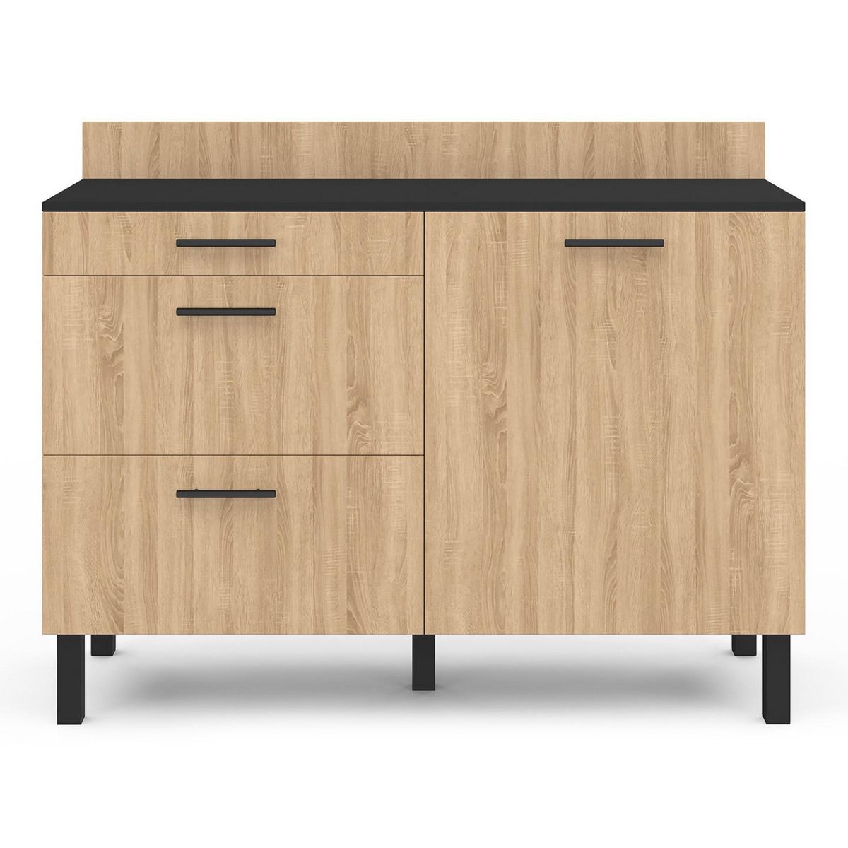 ID MARKET Buffet bas casserolier de cuisine 120 cm CINA plan de travail H.83 cm 1 porte + 3 tiroirs noir et façon hêtre