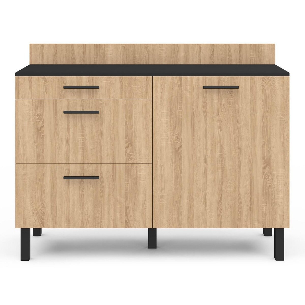 ID MARKET Buffet bas casserolier de cuisine 120 cm CINA plan de travail H.83 cm 1 porte + 3 tiroirs noir et façon hêtre