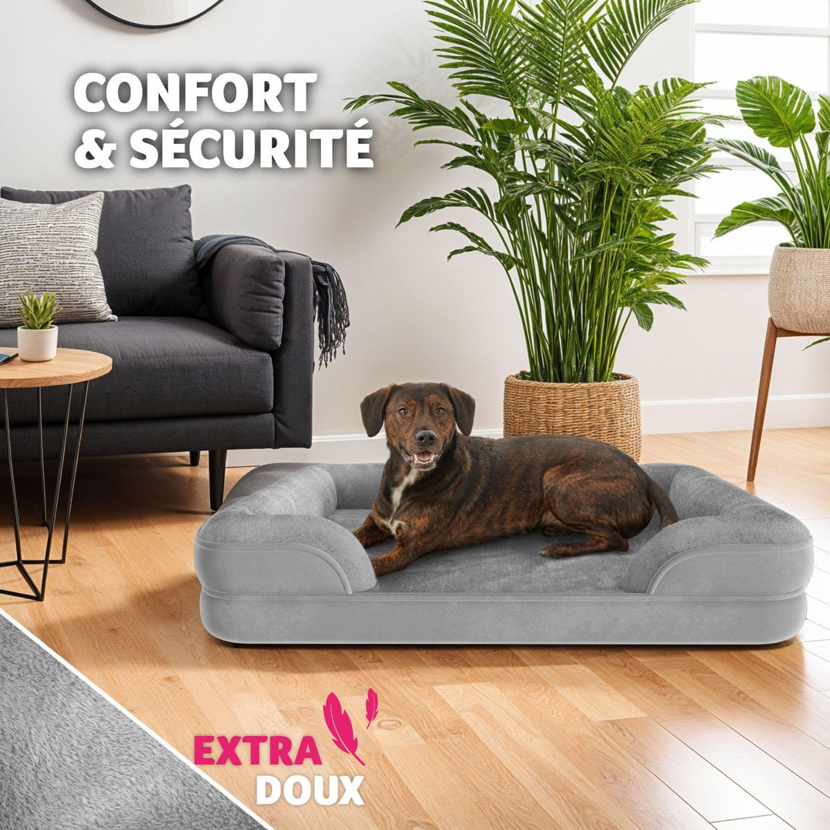 tectake Panier pour chien orthopédique avec housse en peluche déperlante et amovible gris XL (112 x 85 x 18 cm)