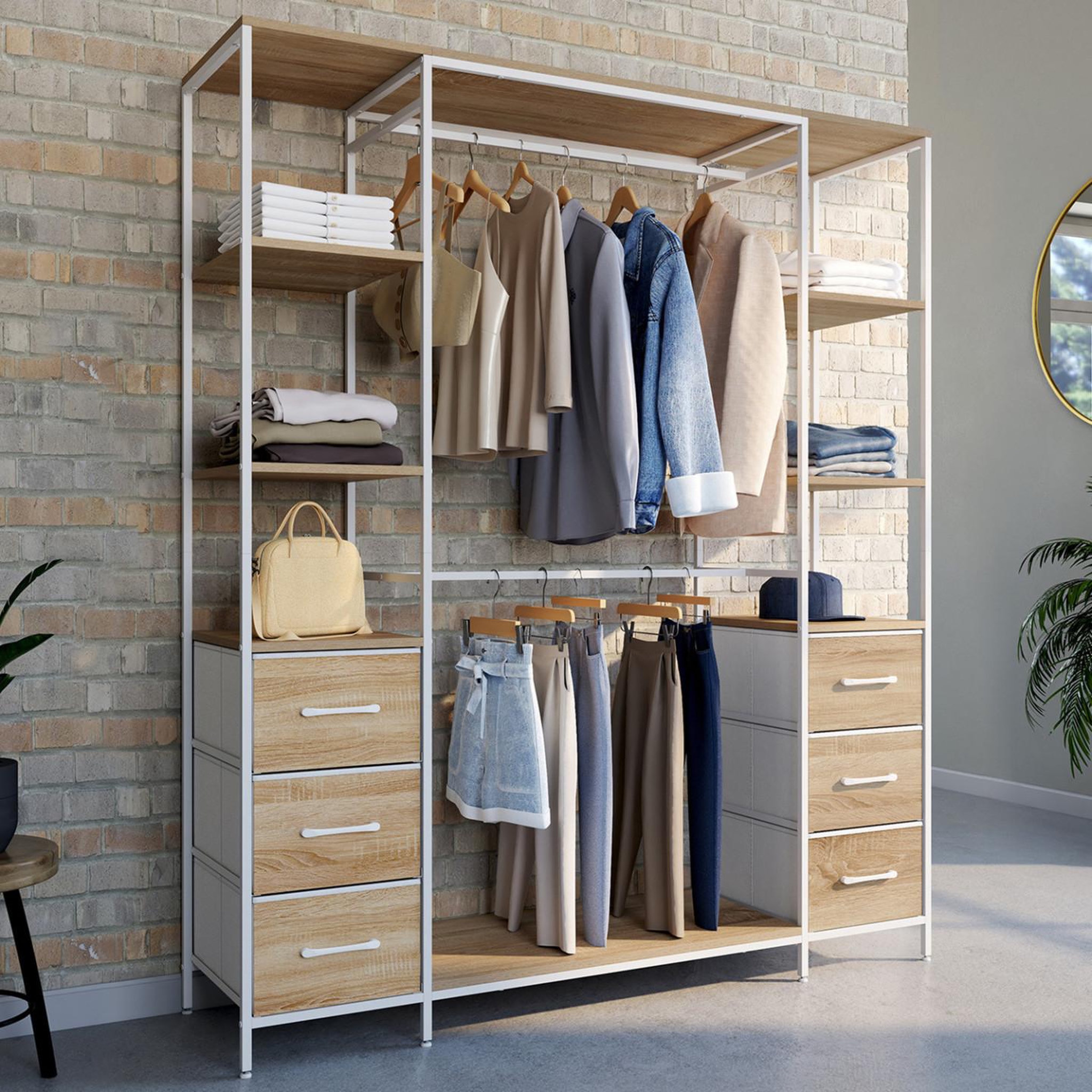 Voir la diapositive 2 : ID MARKET Dressing double penderie + double colonne l. 140 cm utah avec 6 étagères et 6 bacs en tissu bois et blanc