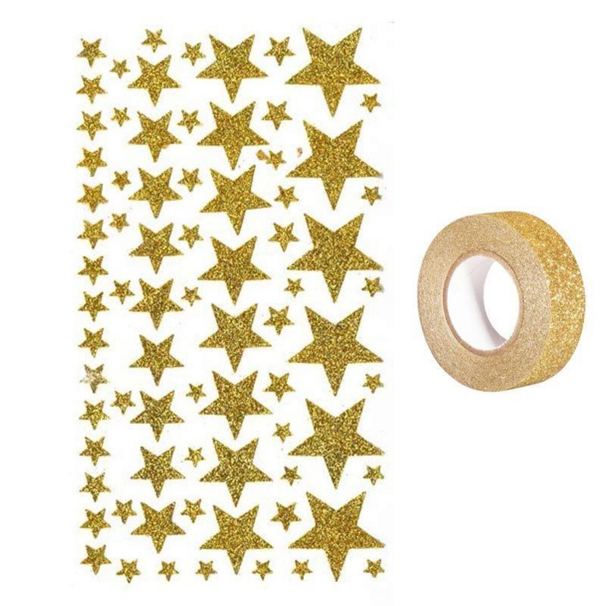 Youdoit Stickers étoiles à paillettes dorées + masking tape doré à paillettes 5 m