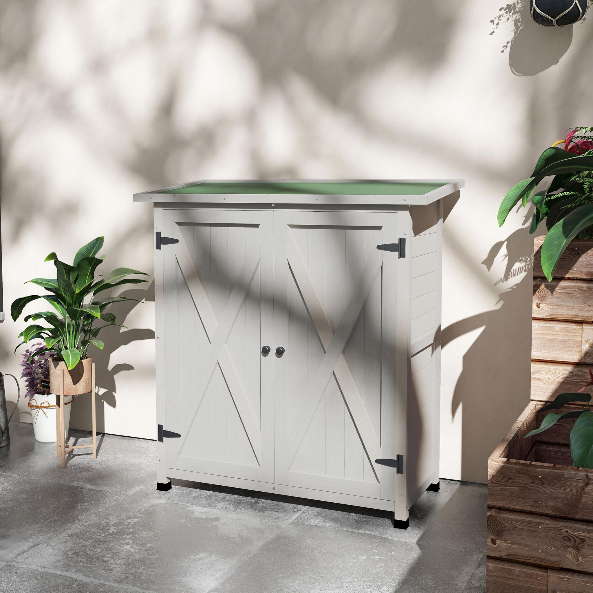 Voir la diapositive 2 : OUTSUNNY Abri de jardin armoire de jardin sur pied dim. 110L x 55l x 117H cm 2 étagères 2 portes toit bitumé bois sapin pré-huilé gris clair