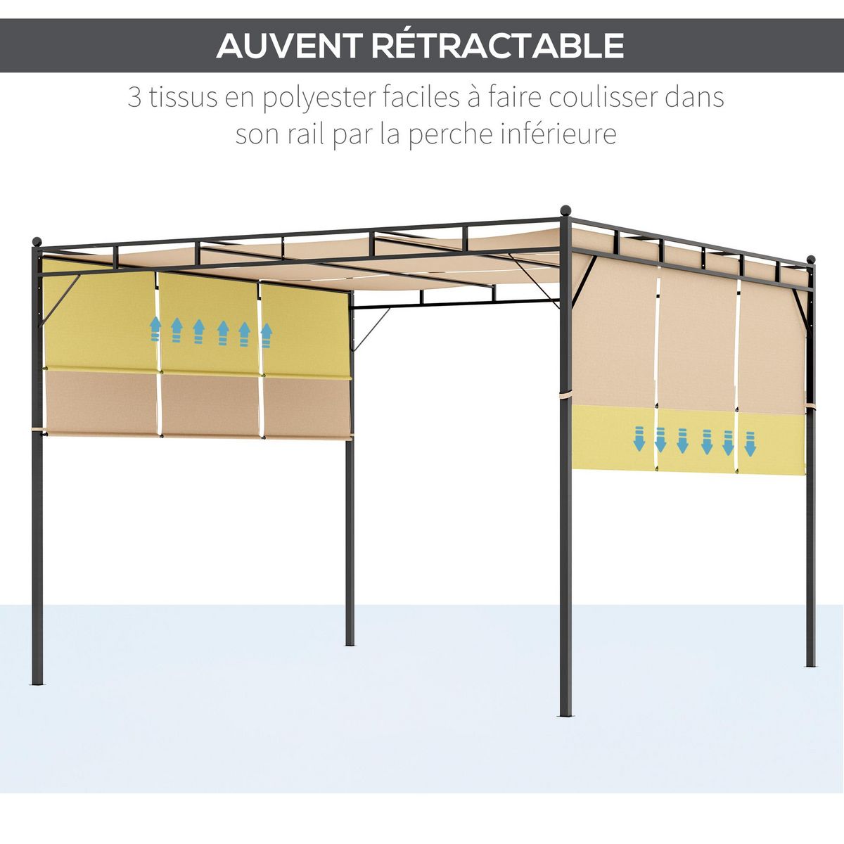 OUTSUNNY Pergola rétractable dim. 3L x 3l x 2,2H m structure acier époxy anticorrosion noir triple toile polyester haute densité beige