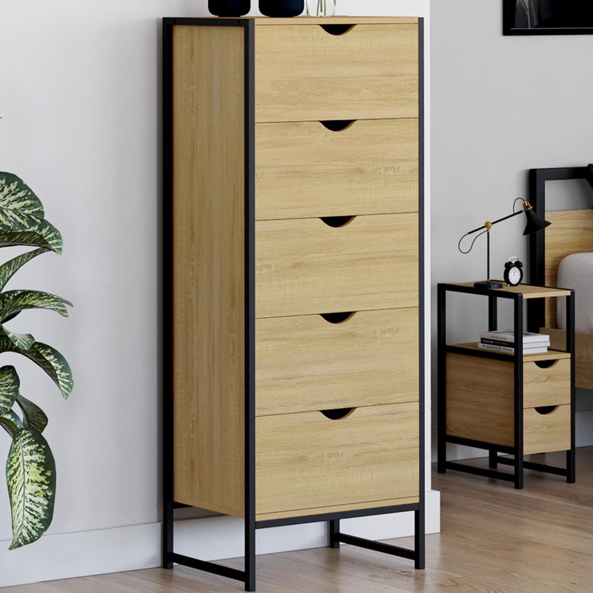 Voir la diapositive 2 : ID MARKET Chiffonnier 5 tiroirs detroit 45x30x110 cm commode semainier design industriel