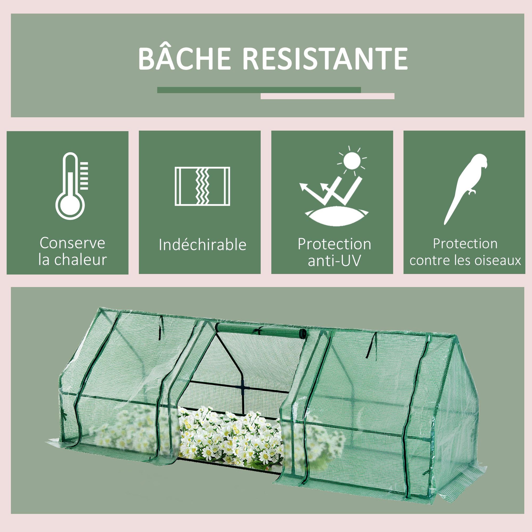 Voir la diapositive 6 : HOMCOM Mini serre de jardin 270L x 90l x 90H cm acier PE haute densité 140 g/m² anti-UV 3 fenêtres avec zip enroulables vert
