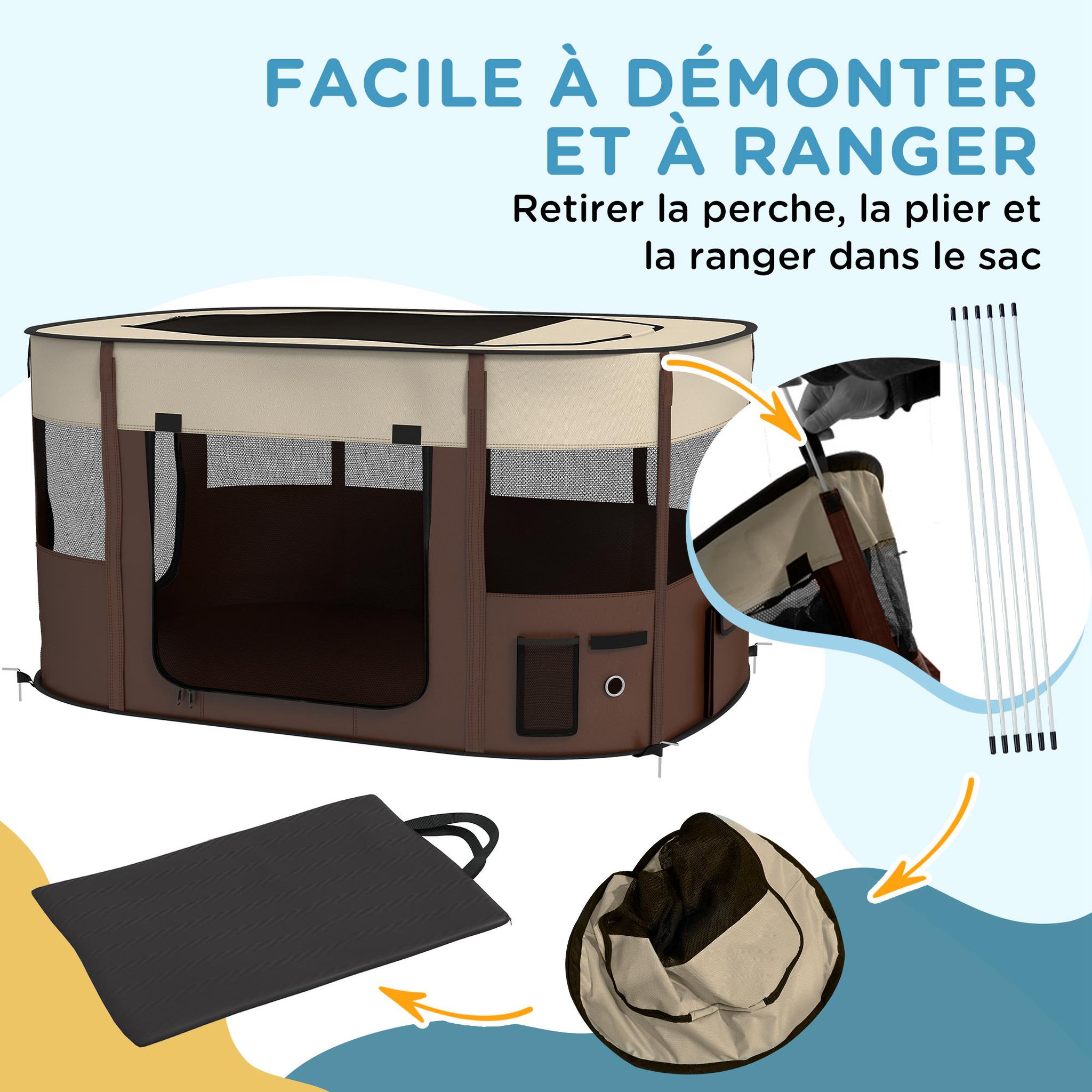 Voir la diapositive 6 : PAWHUT Parc pliable pour chien en tissu oxford - fenêtres, portes en maille - sac de rangement - marron