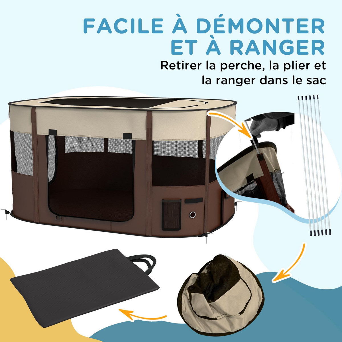 PAWHUT Parc pliable pour chien en tissu Oxford - fenêtres, portes en maille - sac de rangement - marron
