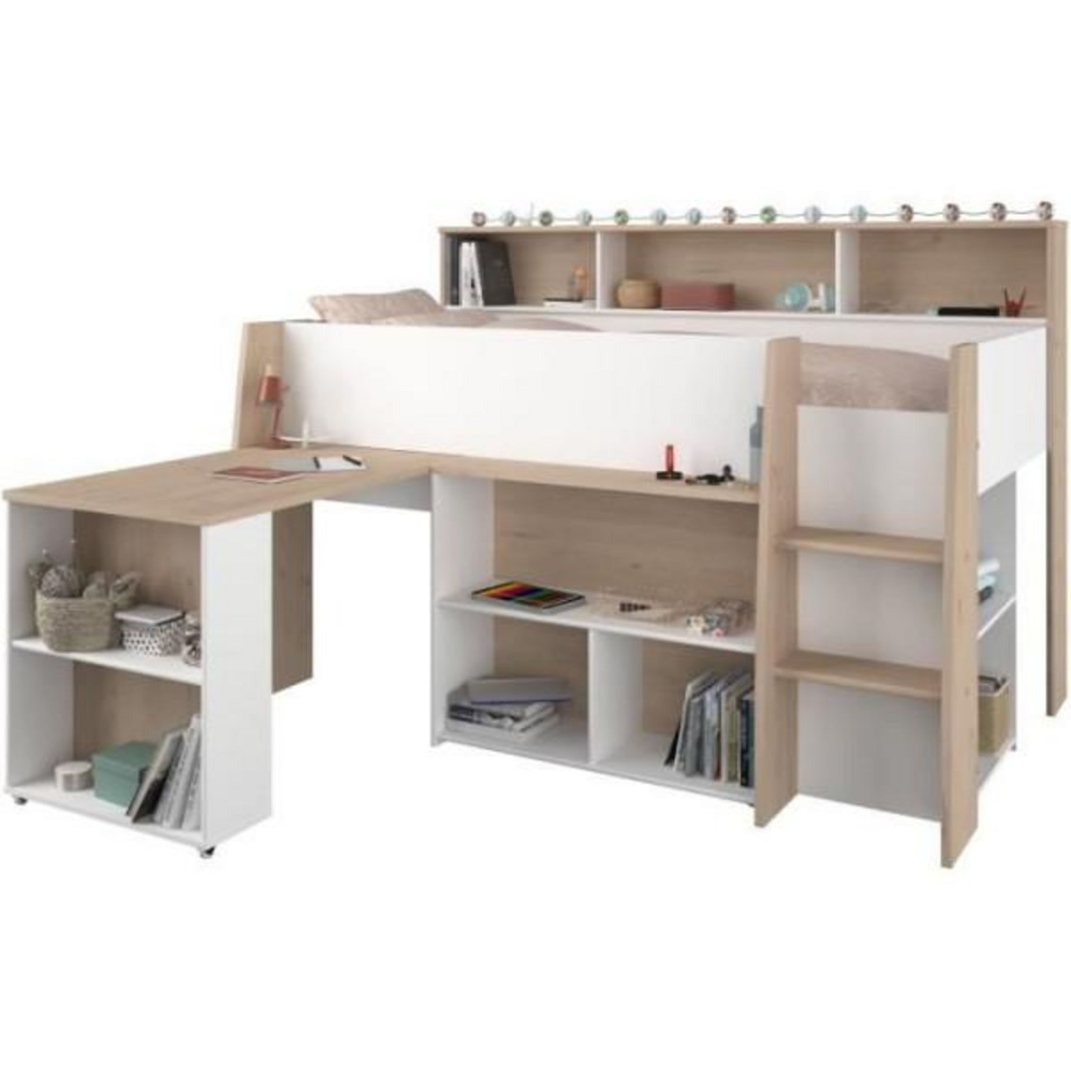 PARISOT PARISOT Lit combiné enfant avec bureau rétractable - Décor blanc et chene - 90x 200 cm - Sommier inclus -THEO