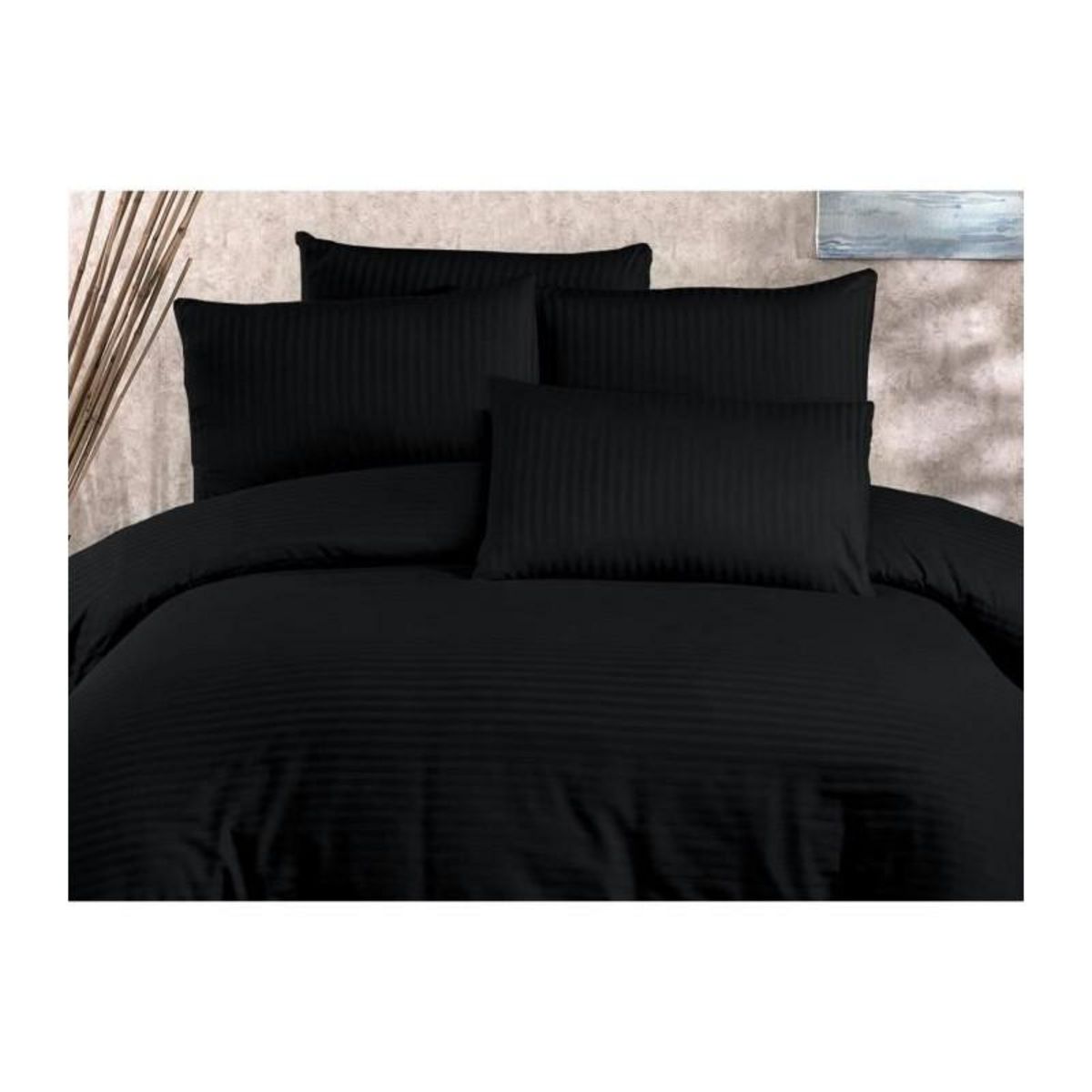 GENERIQUE Parure de lit - 1 housse de couette 220 x 240 cm + 2 taies d'oreiller 60 x 60 cm - 80% coton, 20% polyester - Noir