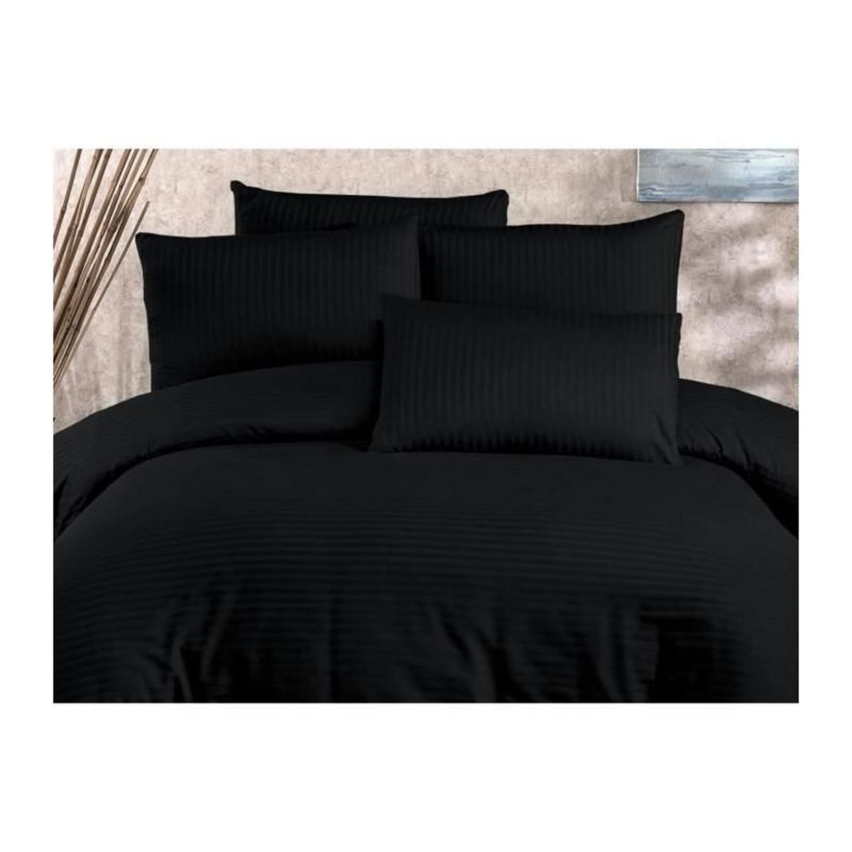 GENERIQUE Parure de lit - 1 housse de couette 220 x 240 cm + 2 taies d'oreiller 60 x 60 cm - 80% coton, 20% polyester - Noir