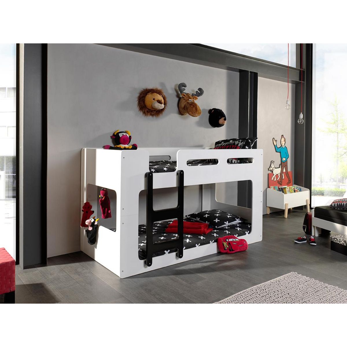 Lit superposé bas avec échelle et 2 sommiers 90x200cm LUCAS
