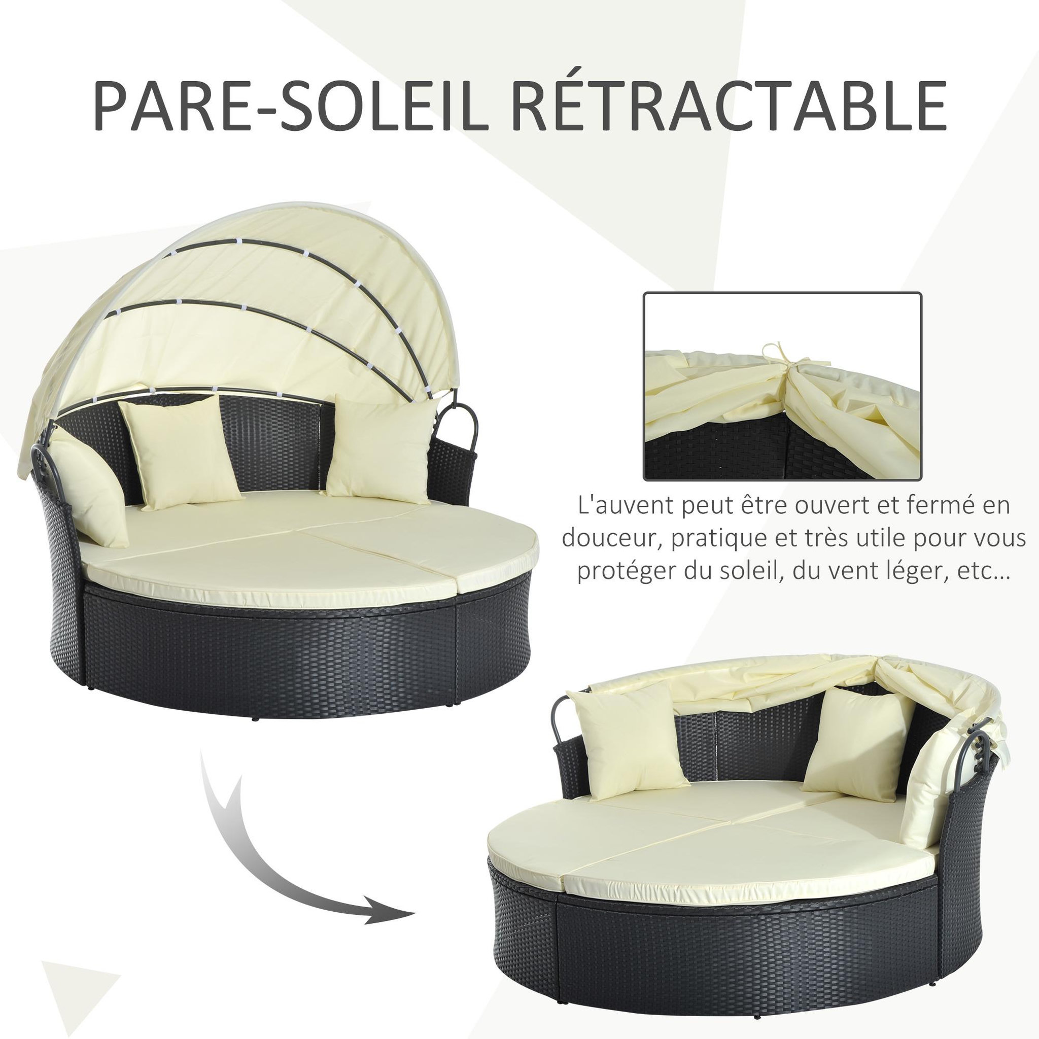 Voir la diapositive 5 : OUTSUNNY Lit canapé de jardin modulable pare-soleil pliable 4 coussins 3 oreillers résine tressée tissu noir beige