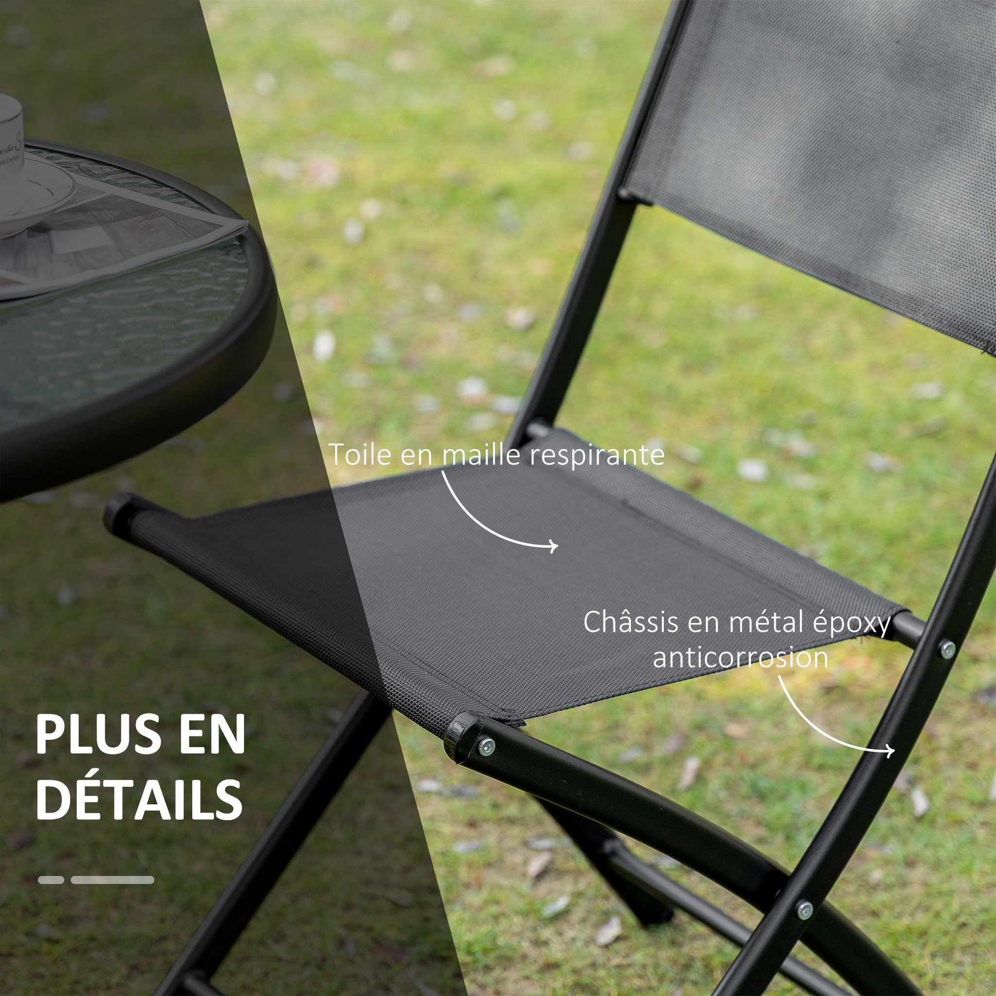 Voir la diapositive 6 : OUTSUNNY Salon de jardin bistro 2 chaises pliables - table ronde dim. Ø60 x 70H cm - plateau verre trempé métal époxy textilène noir