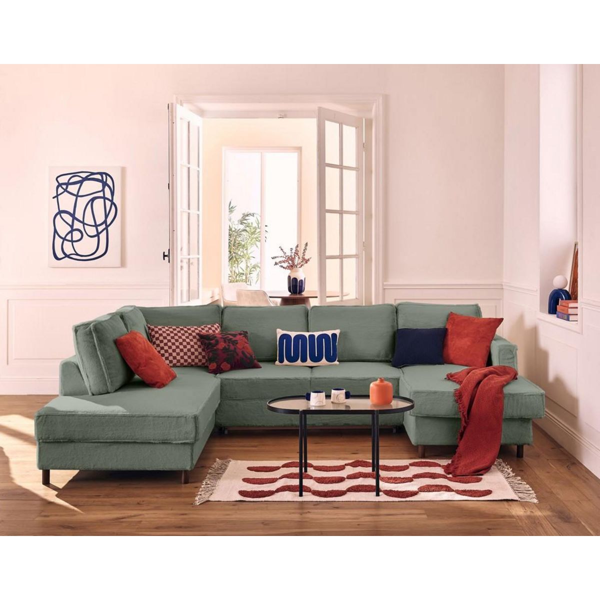 LISA DESIGN Jake - canapé panoramique d'angle gauche 7 places convertible avec coffre en fausse fourrure