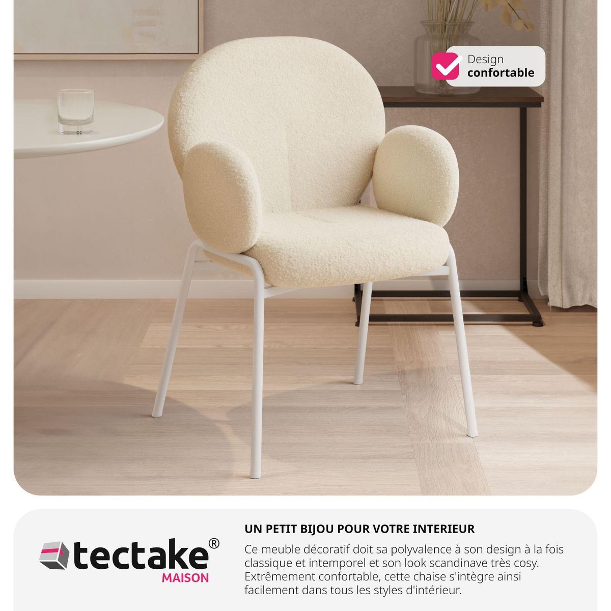 tectake Chaise rembourrée avec revêtement en tissu bouclette crème