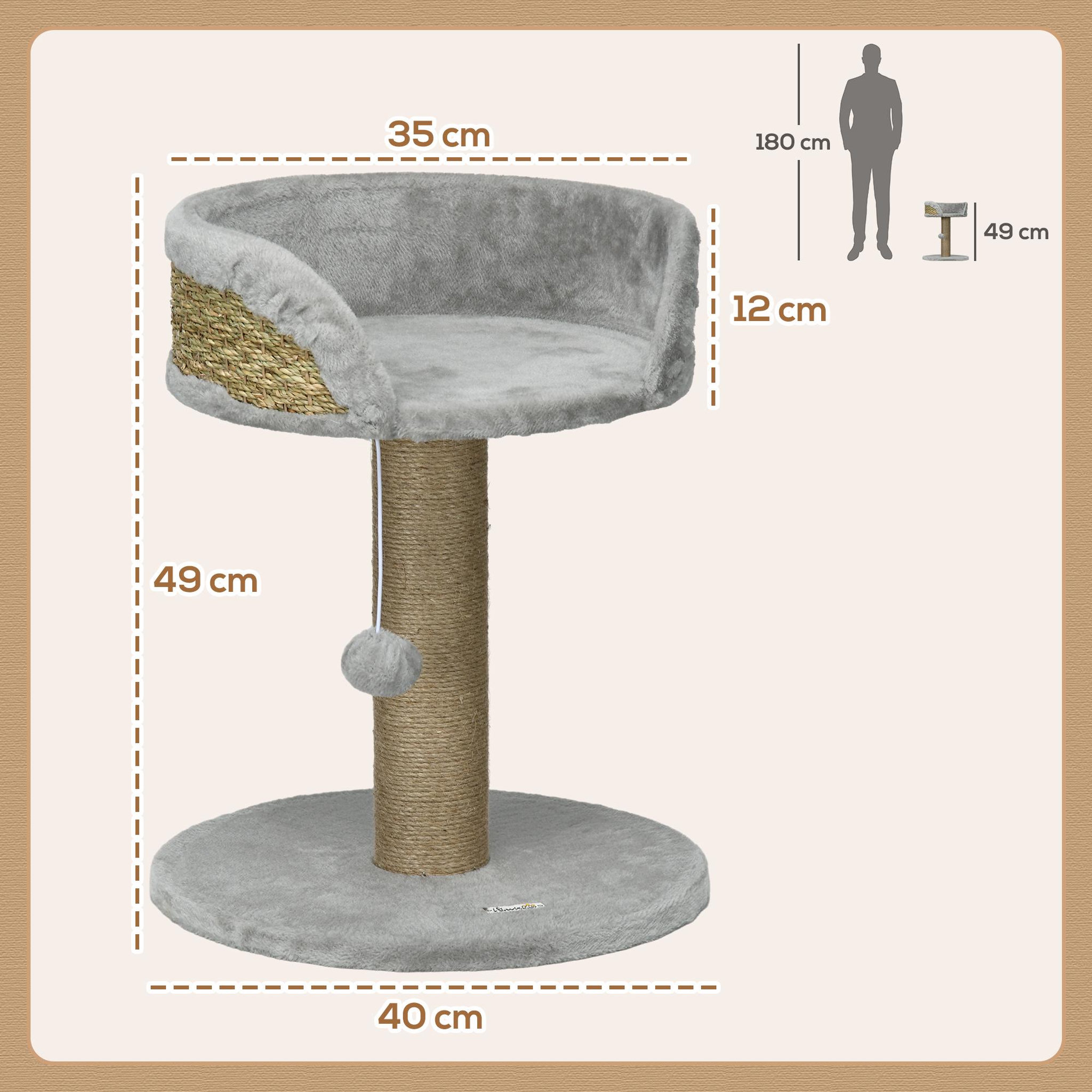 Voir la diapositive 3 : PAWHUT Arbre à chat griffoir 2 niveaux h. 49 cm - poteau sisal, plateforme observation, jeu de boule suspendue - jute polyester gris