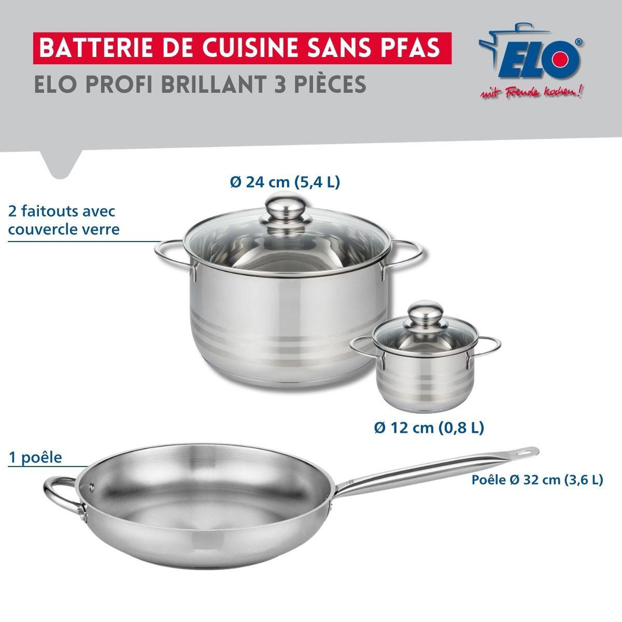 Voir la diapositive 2 : ELO Ensemble de 1 poêle de cuisson 32 cm et 2 faitouts 12 et 24 cm elo profi brillant