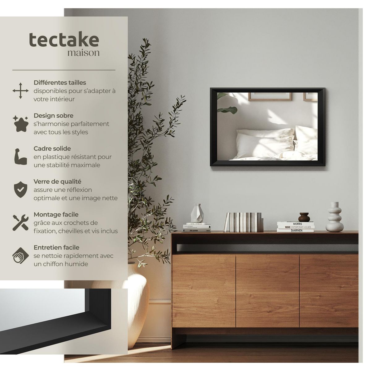 tectake Miroir mural rectangulaire 40 x 3,8 x 60 cm noir