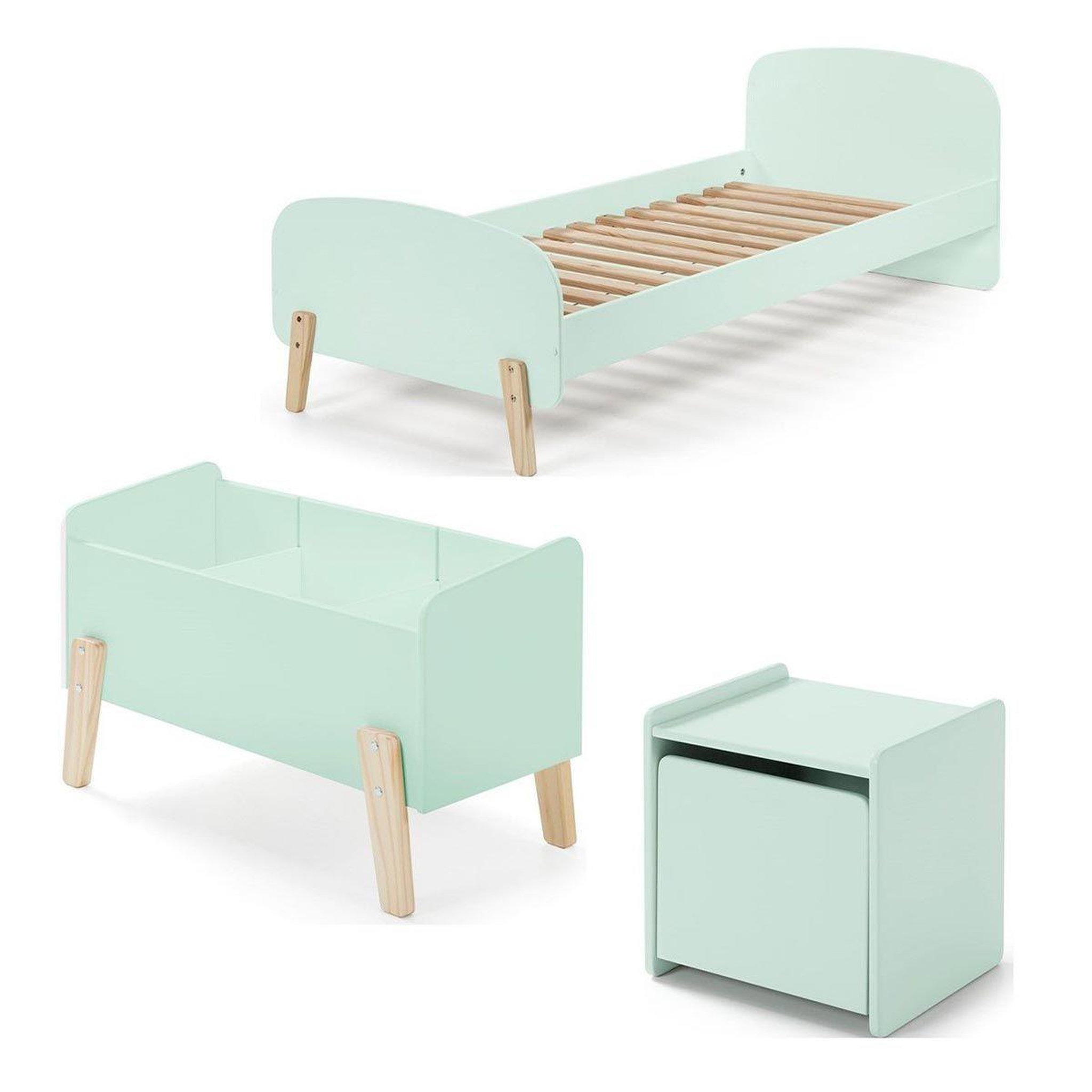 Voir la diapositive 1 : Paris Prix Pack - Lit Enfant, Chevet & Coffre  Kiddy  90x200cm Vert Menthe