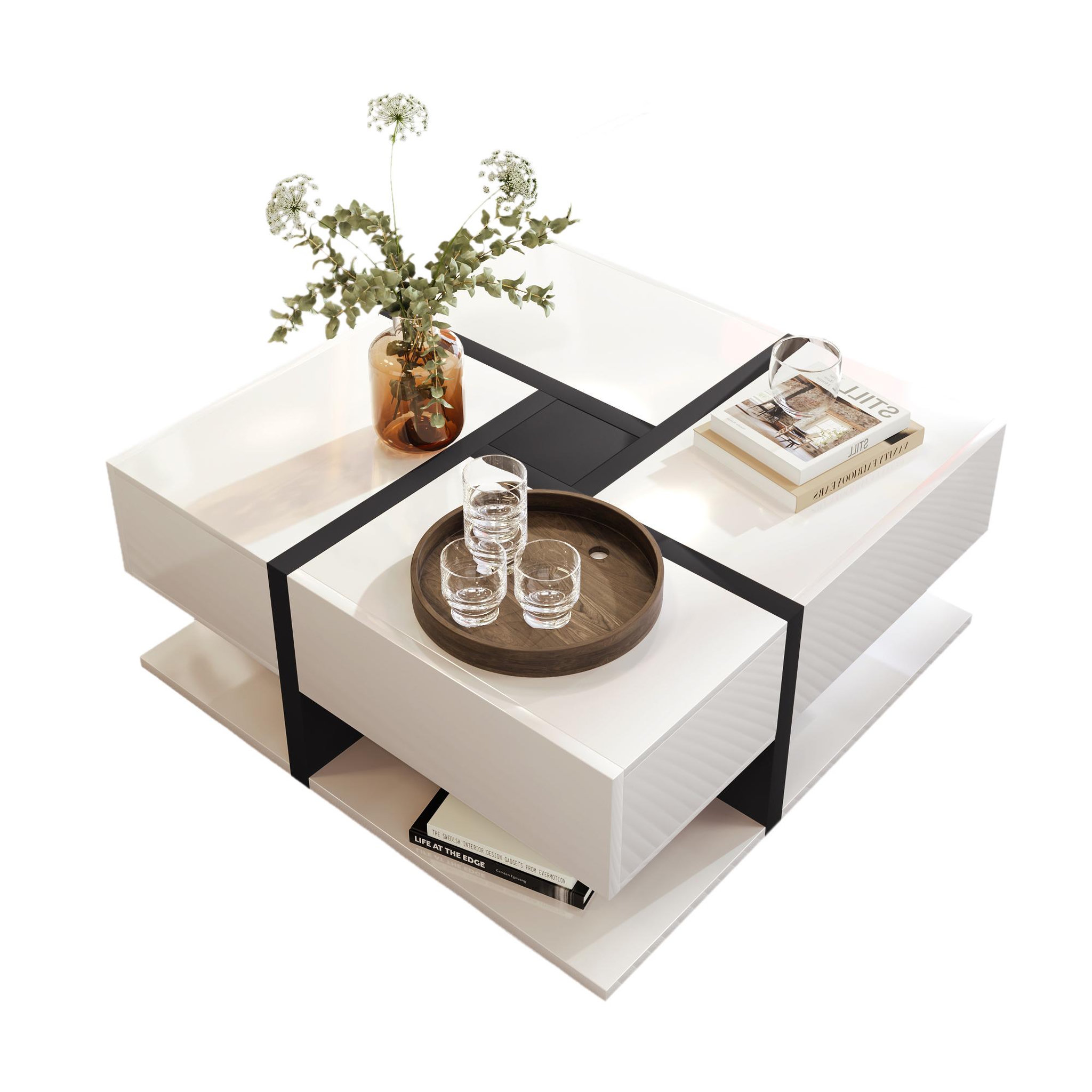 Voir la diapositive 1 : MERAX Table Basse Avec 4 Tiroirs 78 X 78 X 36cm
