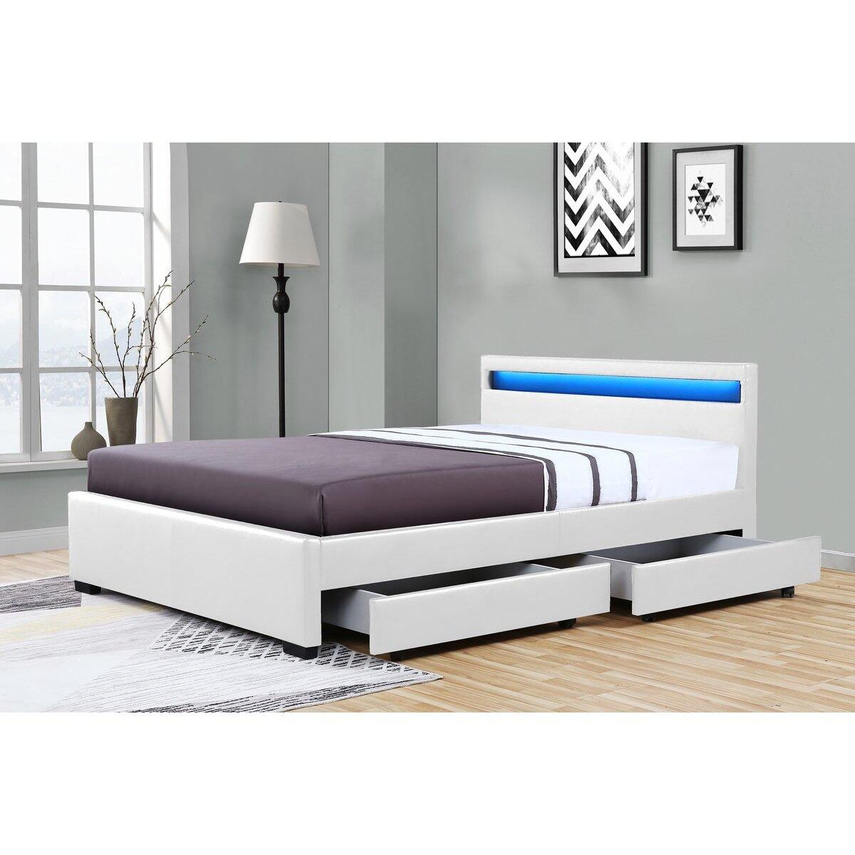 Habitat et Jardin Lit LED avec 4 tiroirs  Nico  - 160 × 200 cm - Blanc