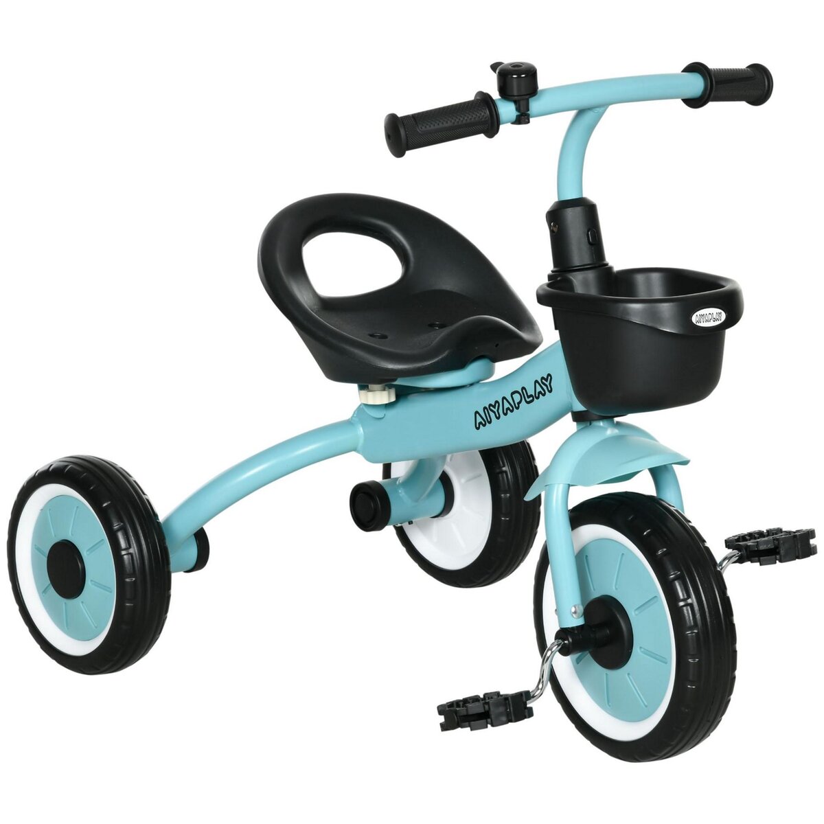 HOMCOM Tricycle enfant multi-équipé garde-boue sonnette panier pédales  antidérapantes siège réglable avec dossier métal bleu ciel pas cher 