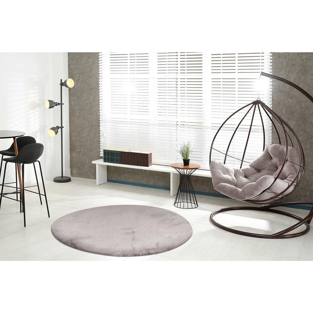 Paris Prix Tapis Uni Rond Doux à Poils Longs  Rabbit  Argent