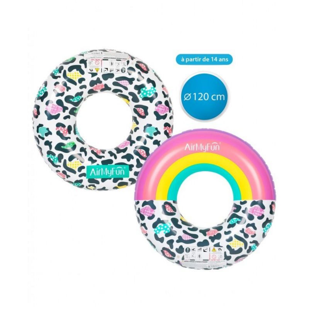 AIRMYFUN Pack 2 Bouées Gonflables Ronde XXL pour Piscine & Plage Ultra Confort, Flotteur Deluxe - Pack Twin Donut Leopard ø120cm