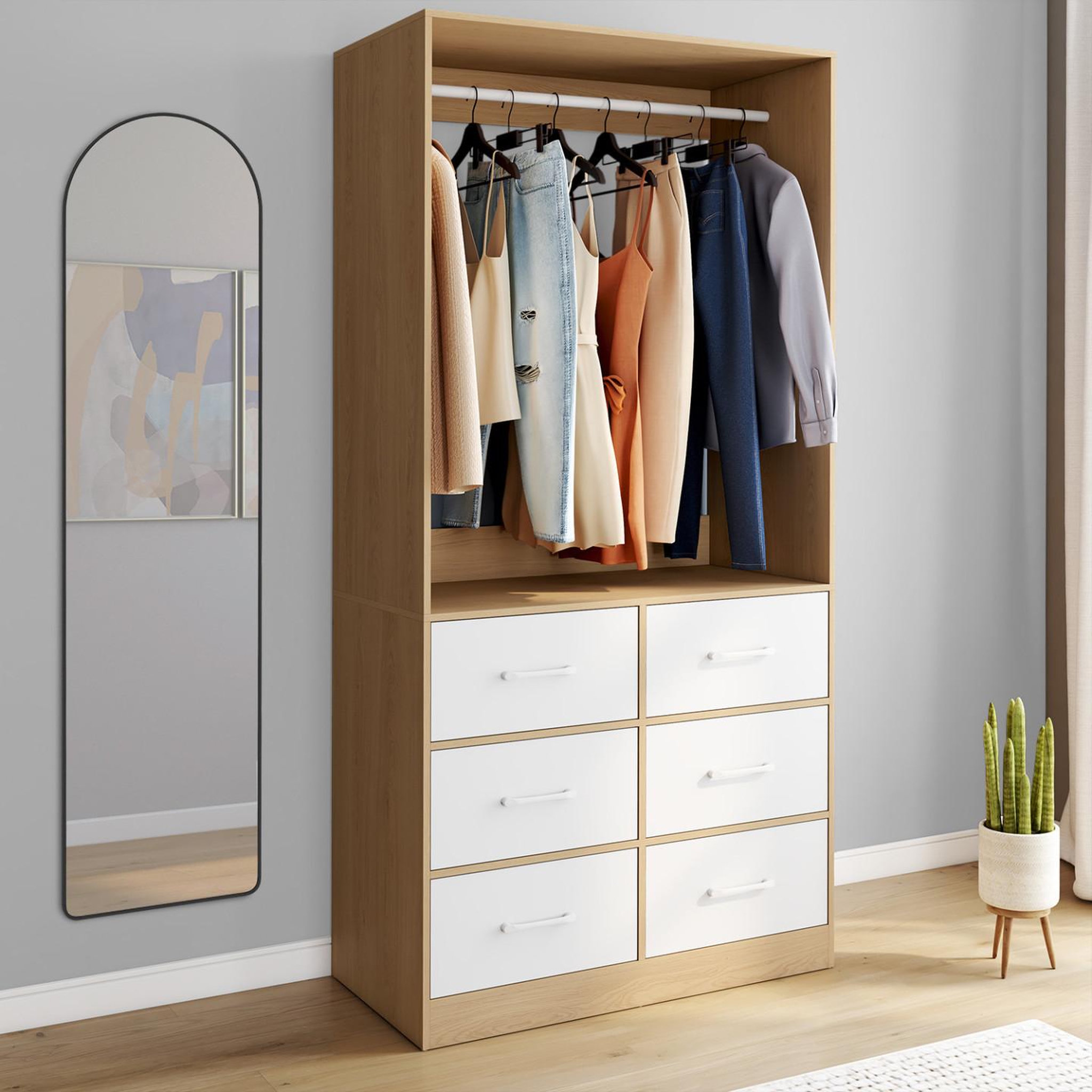 Voir la diapositive 2 : ID MARKET Dressing penderie l. 80 cm uppah avec 6 tiroirs bois façon hêtre et blanc