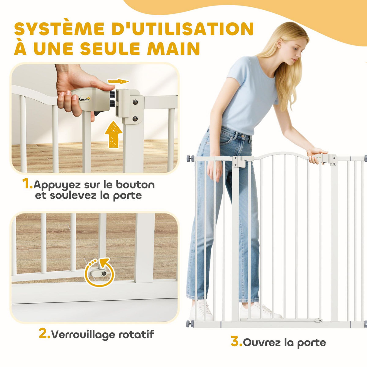 PAWHUT Barrière de sécurité pour chien extensible 74-100 cm, barrière d'escalier à fixation par pression sans percer, double verrouillage, fermeture automatique, hauteur 94 cm, blanc
