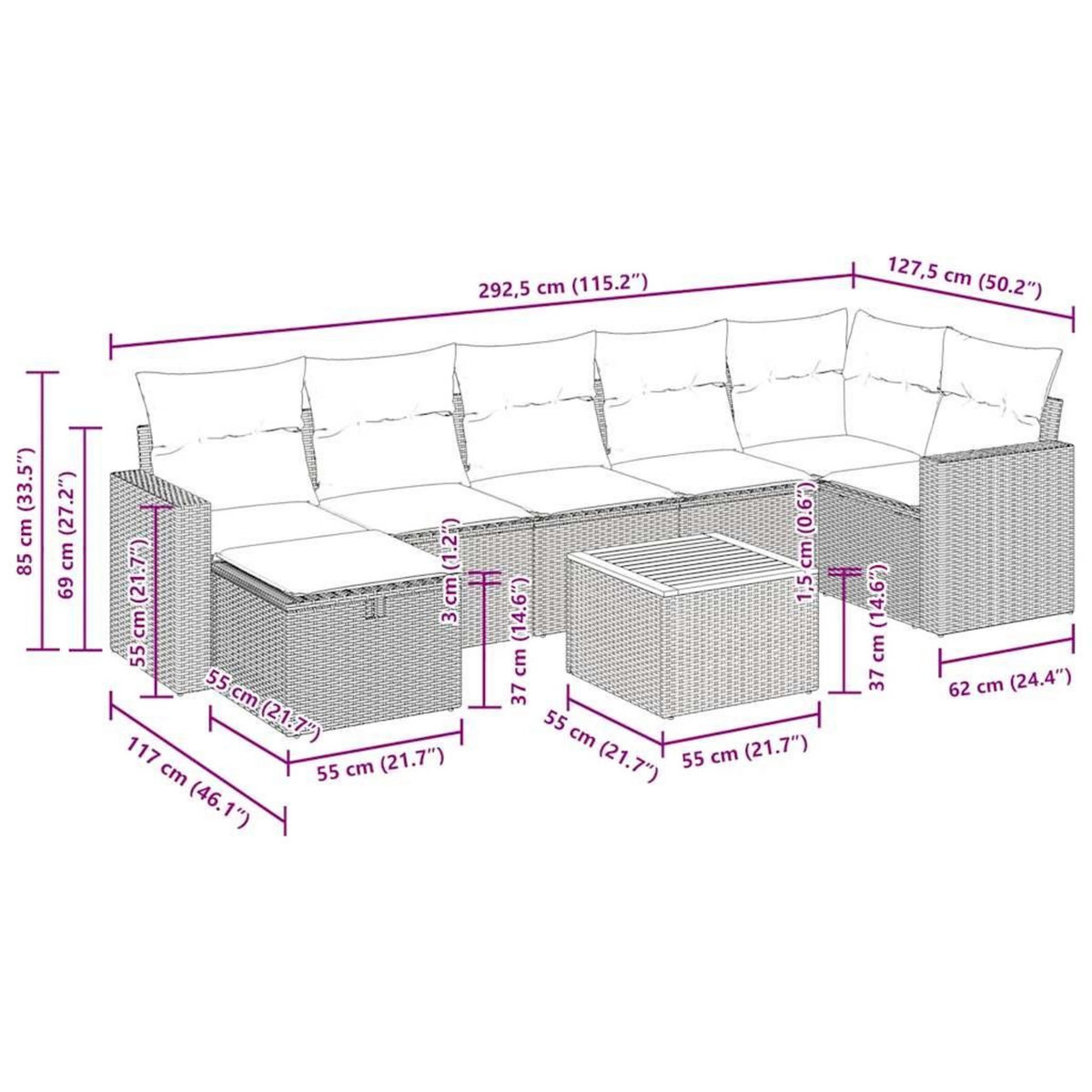 VIDAXL Salon de jardin 8 pcs avec coussins gris resine tressee