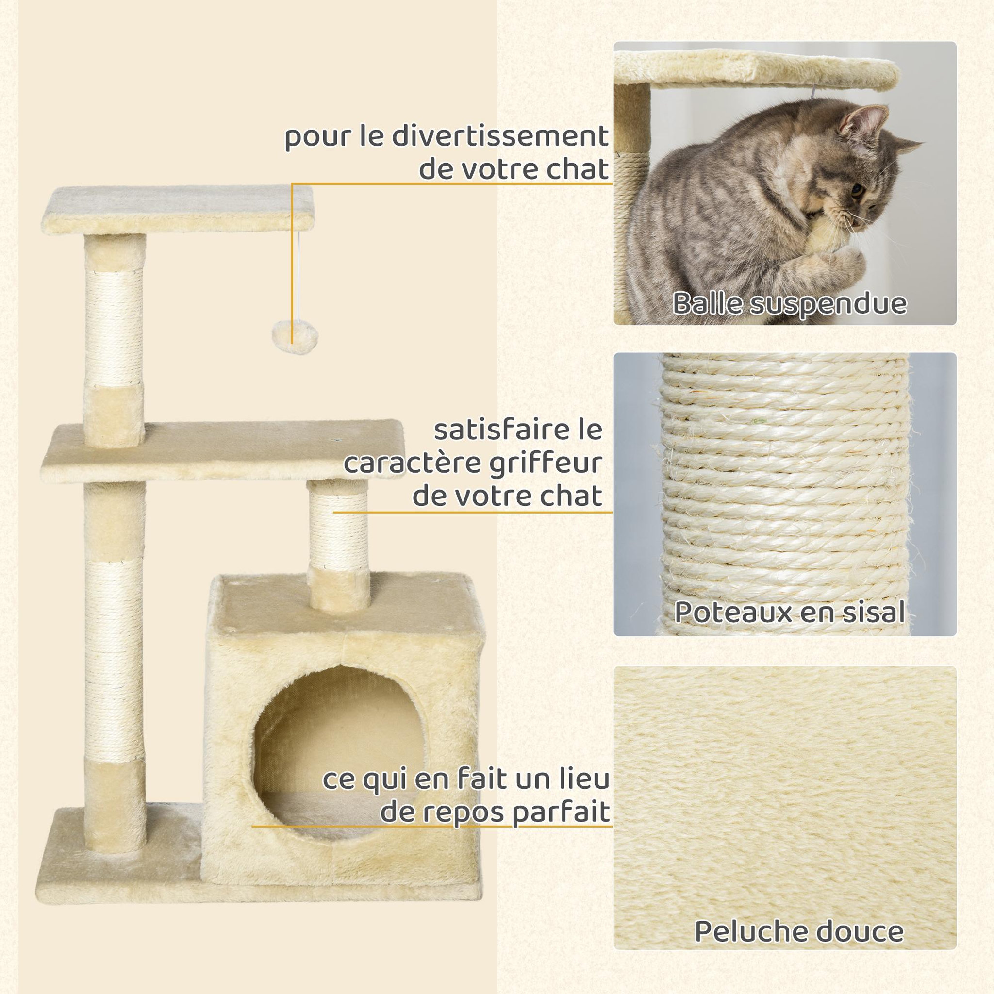 Voir la diapositive 4 : PAWHUT Arbre à chat h.81cm niche 3 griffoirs 2 plateformes jeu boule suspendue beige