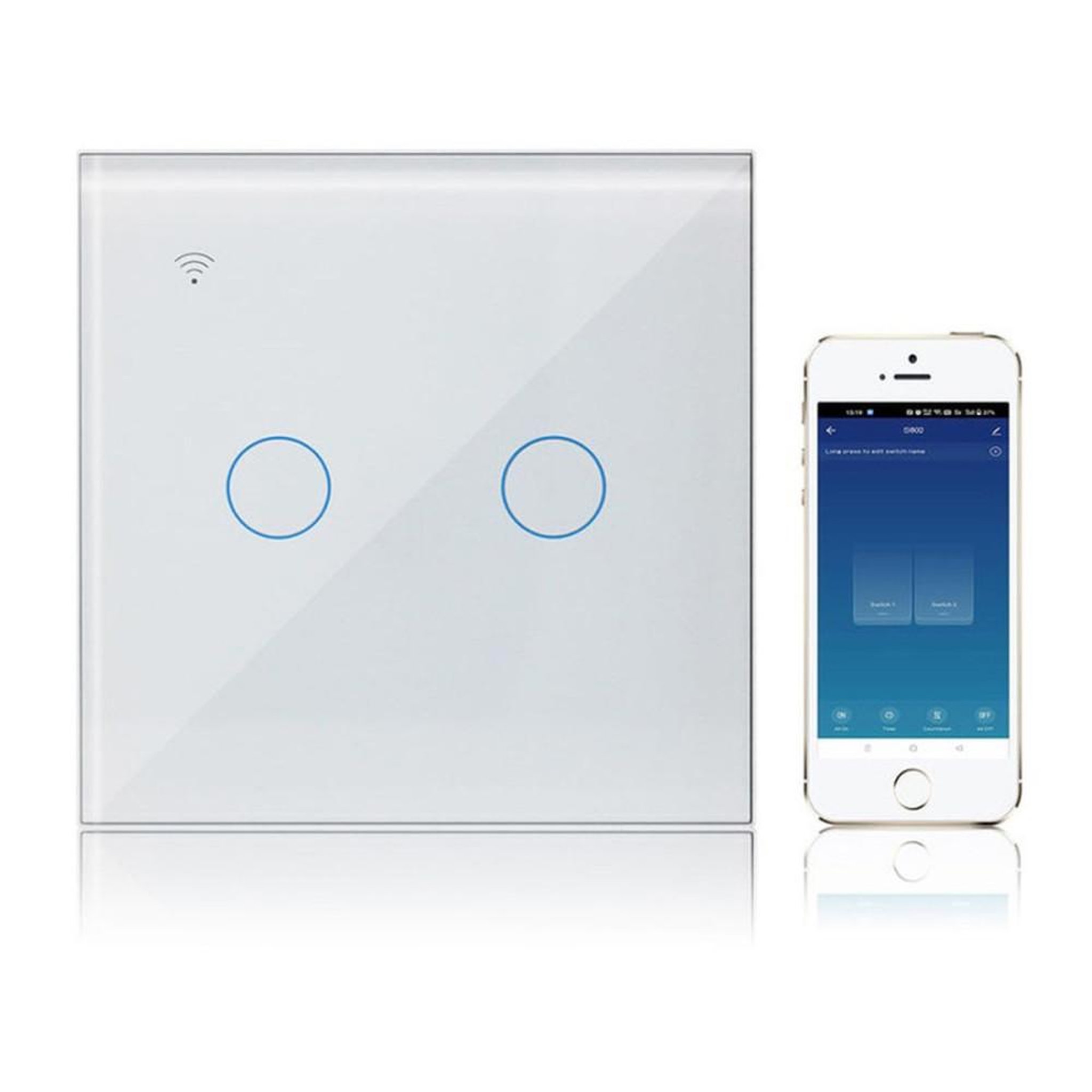 Interrupteur mural WiFi tactile encastrable 2 canaux unidirectionnel, 2 voies, blanc, commande capacitive, 2,4 GHz, 300 W par canal, compatible Alexa et Google