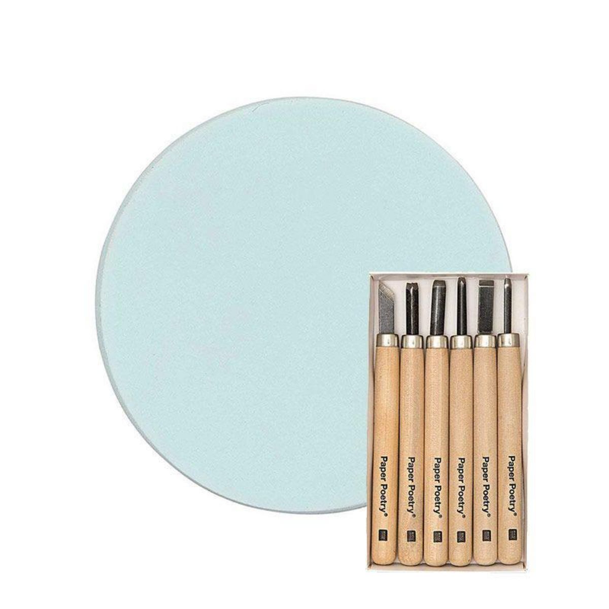 RICO DESIGN Plaque de caoutchouc rond Ø 4 cm pour tampons + 6 couteaux à sculpter