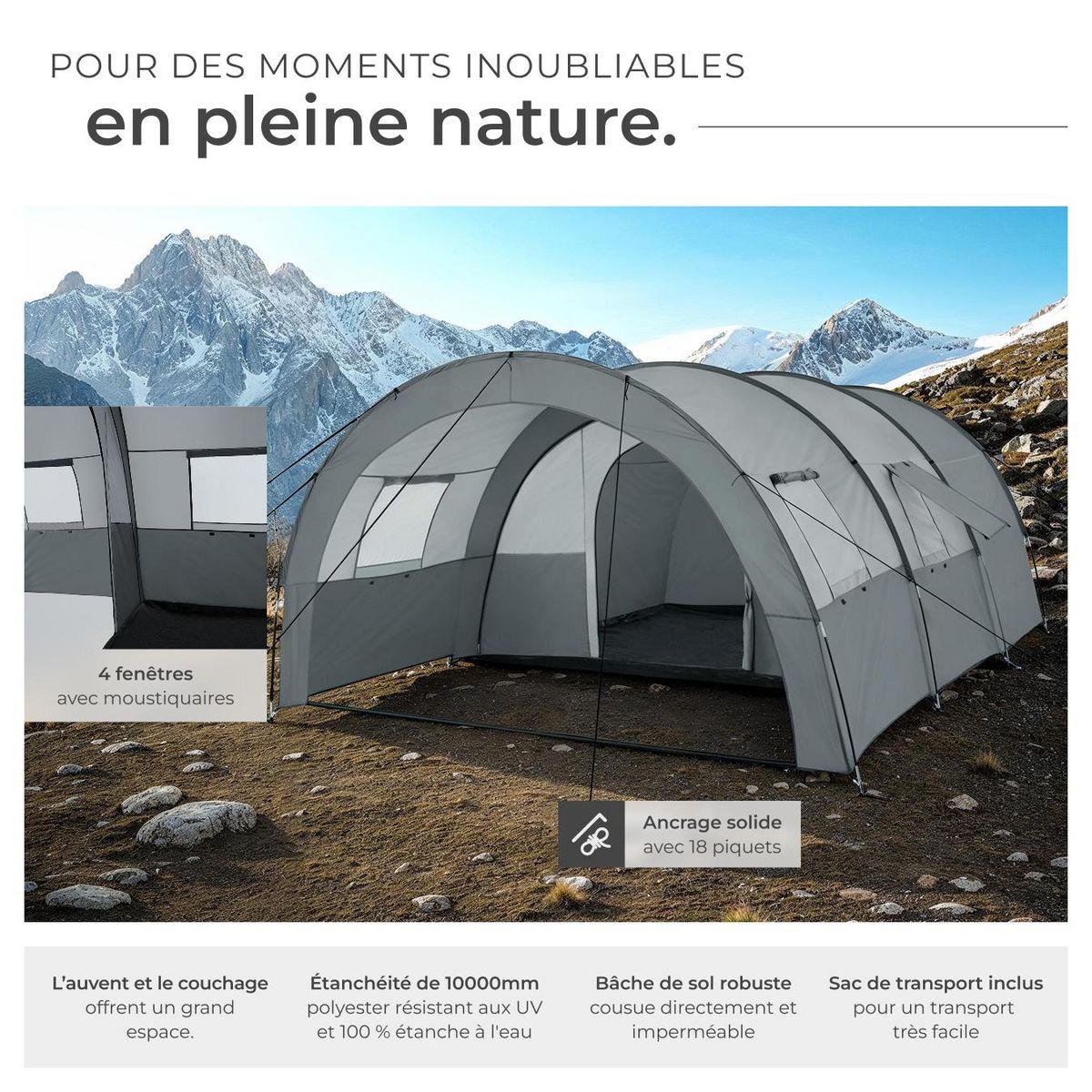 tectake Tente de camping familiale spacieuse pour jusqu'à 6 personnes gris clair/gris foncé