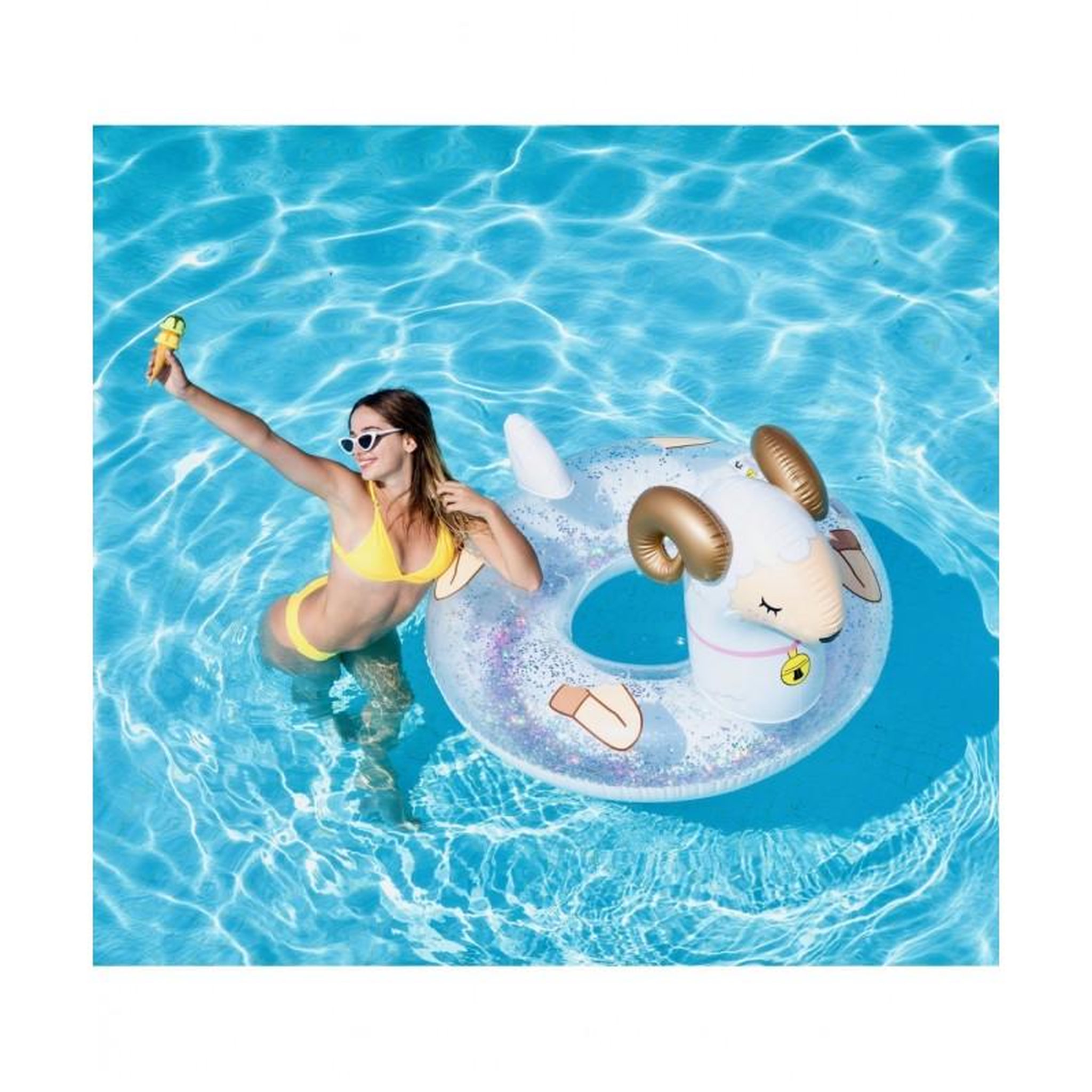 Voir la diapositive 2 : AIRMYFUN Bouée Gonflable Ronde XXL pour Piscine & Plage Ultra Confort, Flotteur Deluxe - Mouton A Paillettes ø115cm