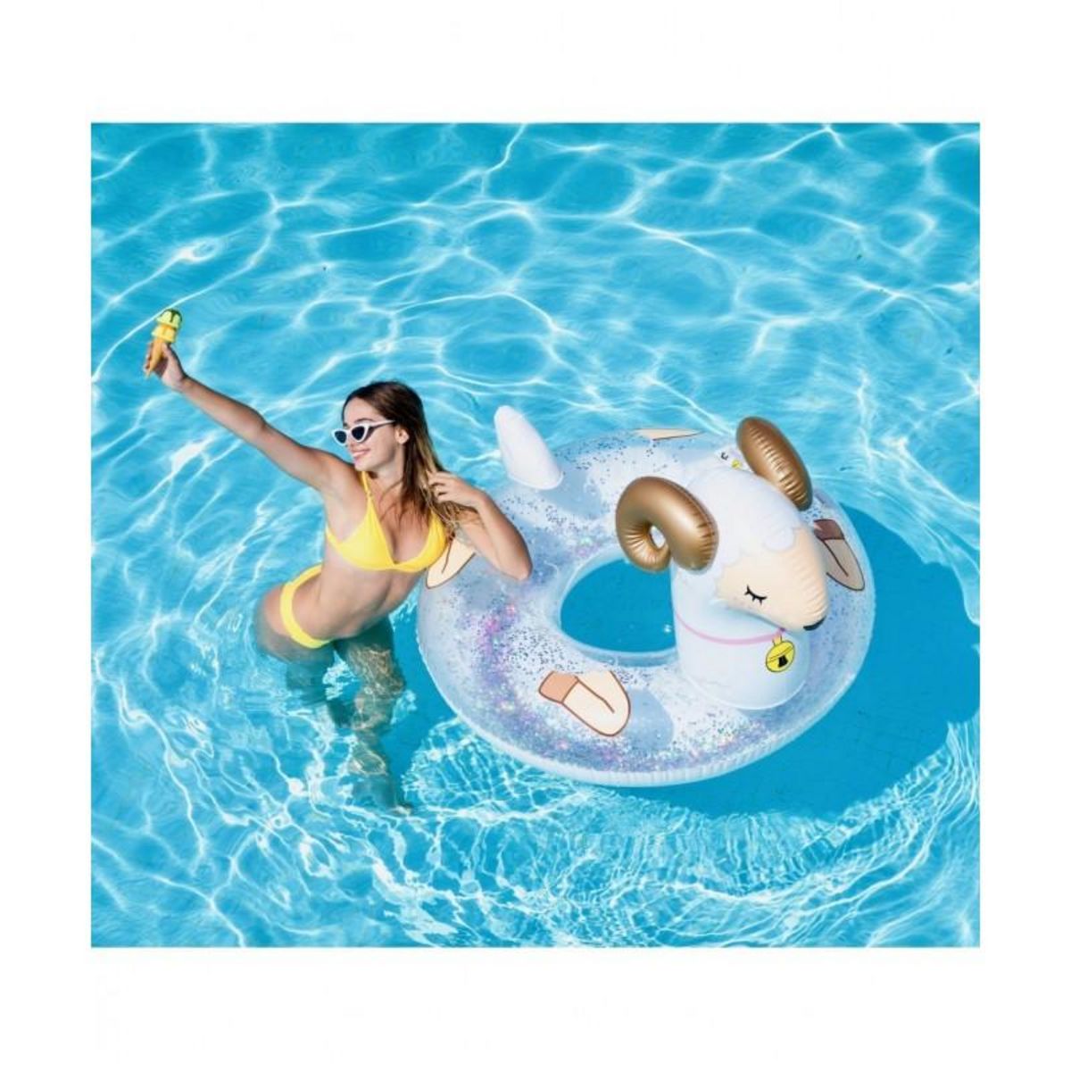 AIRMYFUN Bouée Gonflable Ronde XXL pour Piscine & Plage Ultra Confort, Flotteur Deluxe - Mouton A Paillettes ø115cm