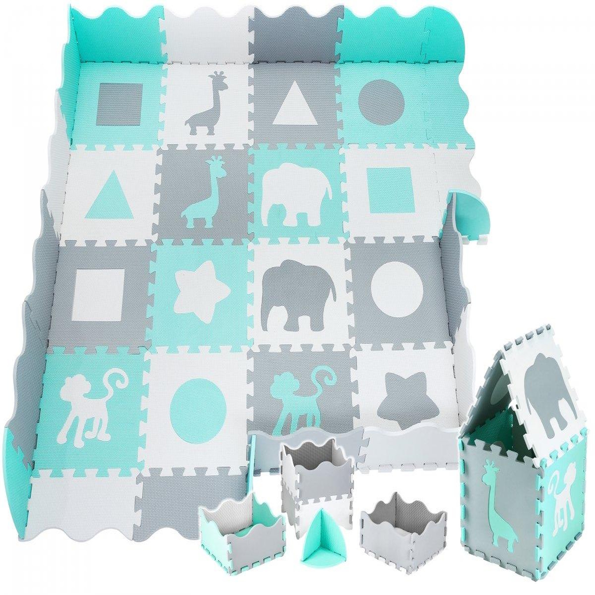 MOBY SYSTEM Tapis Puzzle en Mousse EVA 150 x 150 cm, 16 Pièces avec Formes Géométriques et Animaux