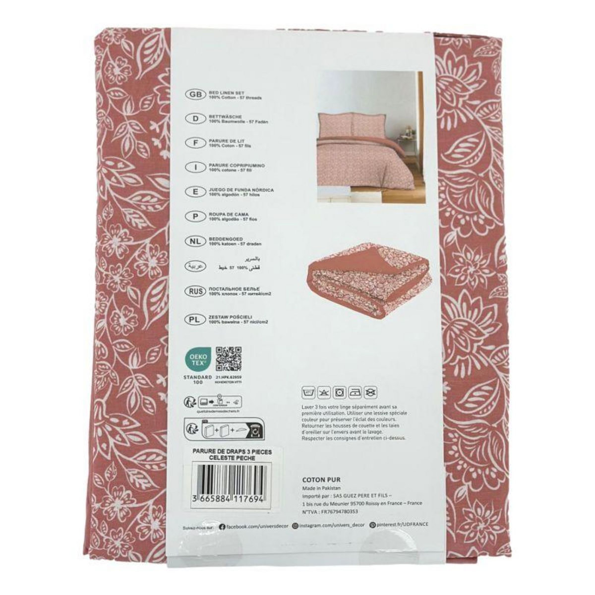 COTON PUR Parure de draps 3 pièces pour lit 90 x 190 cm Céleste pêche