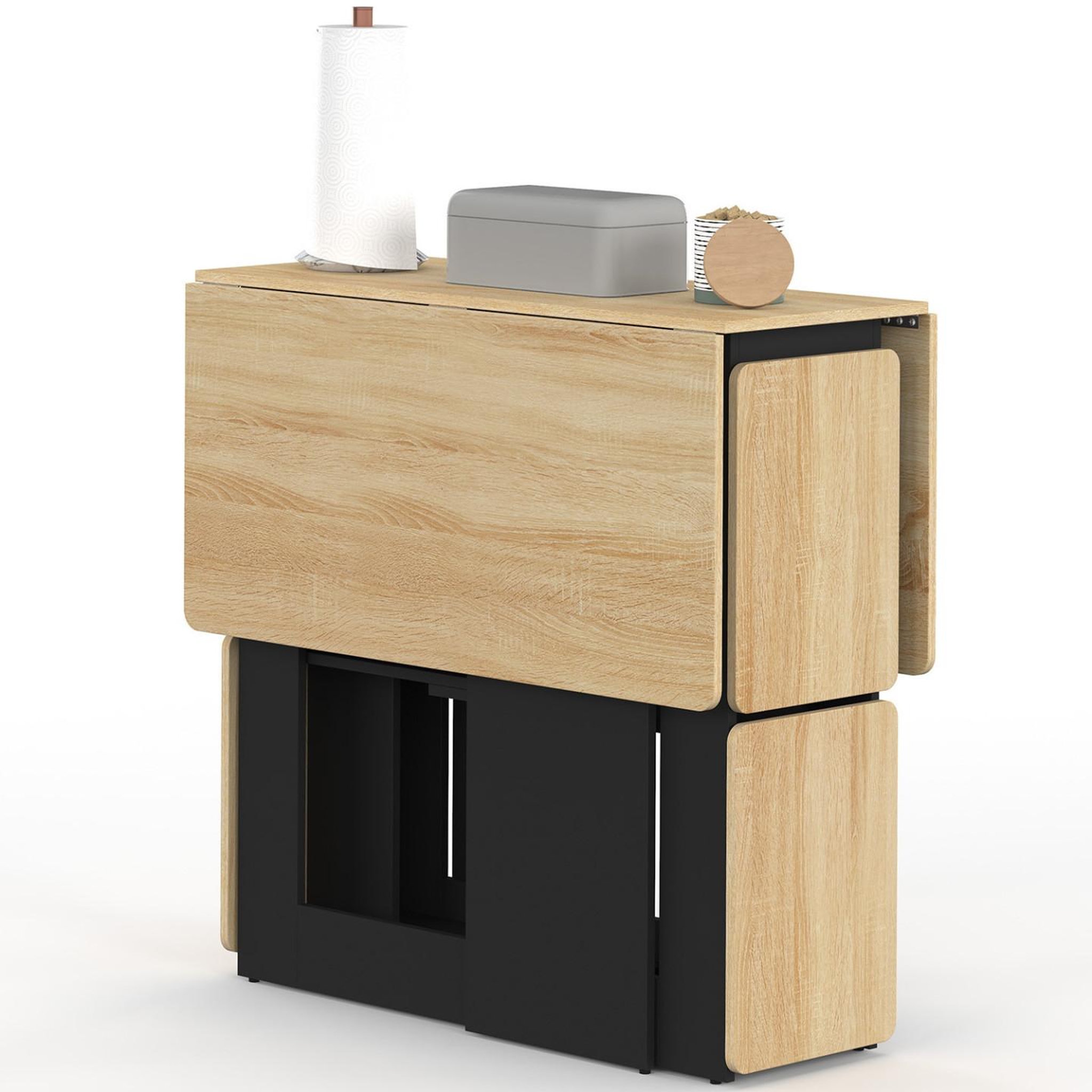 Voir la diapositive 3 : ID MARKET Ensemble table console pliable edi 2-4 personnes bois noir et plateau façon hêtre avec 4 tabourets