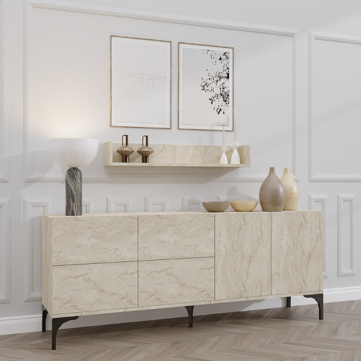 CONCEPT USINE Buffet effet travertin 180 cm 6 portes et étagère AURA