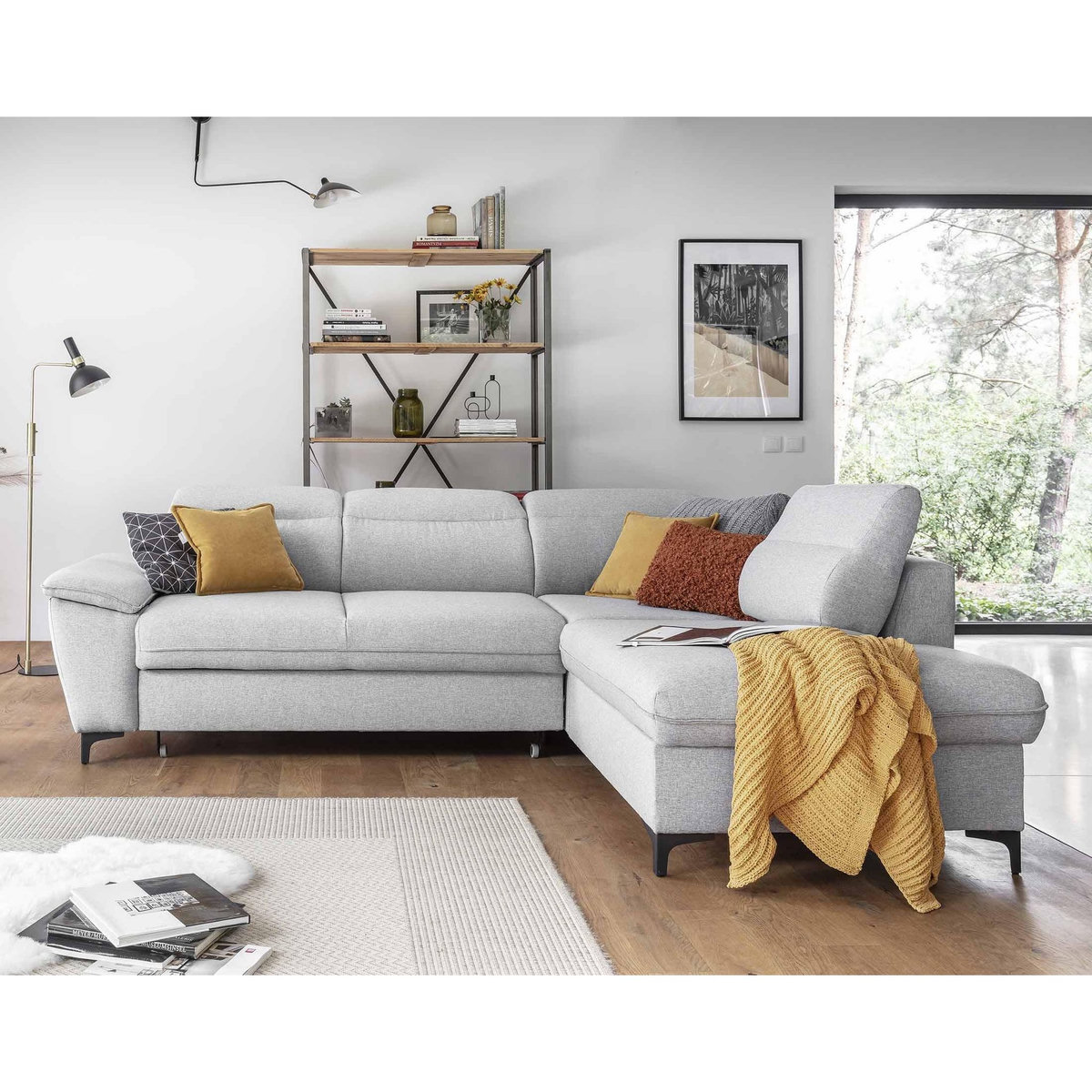 BEST MOBILIER Clever - canapé d'angle droit - 5 places - convertible avec coffre et têtières - en tissu