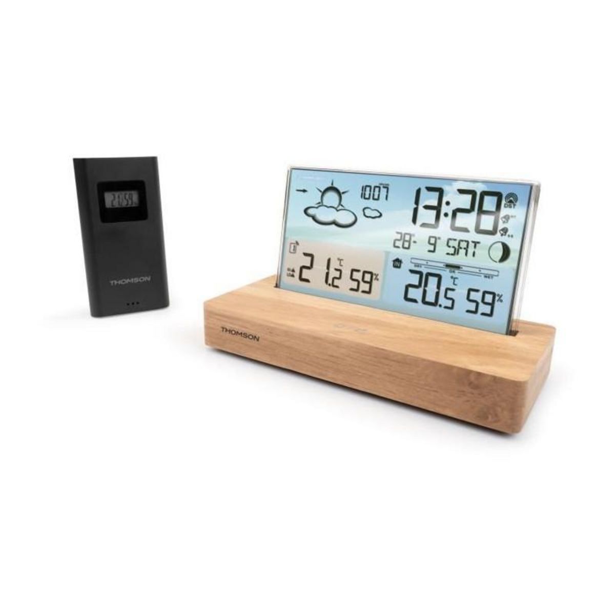 THOMSON Réveil station météo - THOMSON - Bois clair - Affichage température, Hygrométrie, Double alarme, USB-C, Sonde sans fil