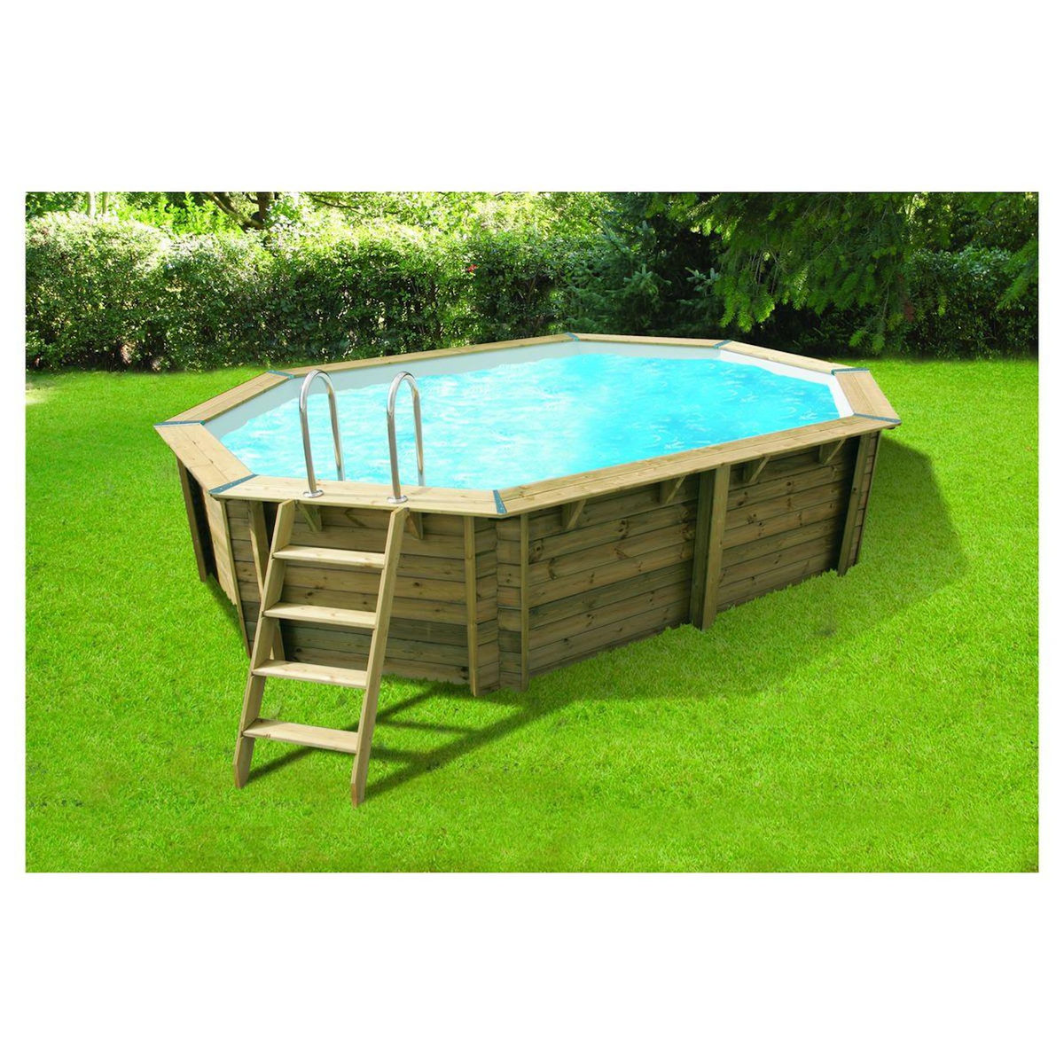 UBBINK Piscine hors sol bois octogonale- 355x550x120cm - Liner Bleu -OCEA