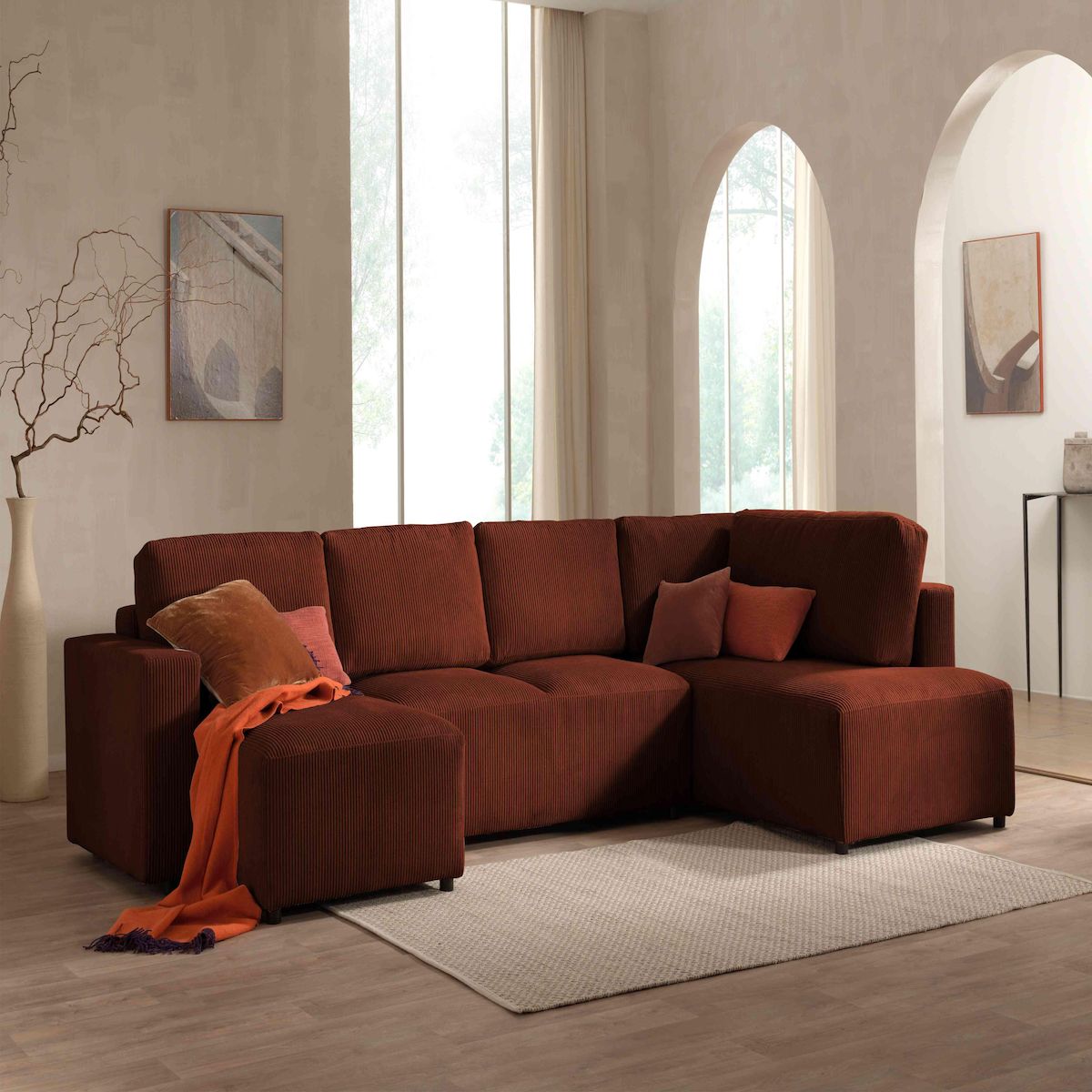 LISA DESIGN Livy - canapé panoramique convertible - avec coffre - en velours côtelé - 7 places - droit