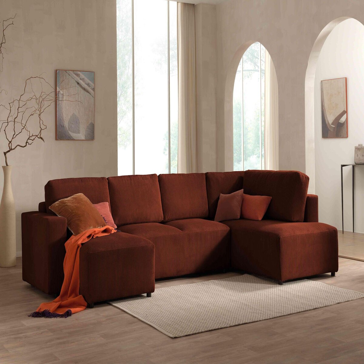 LISA DESIGN Livy - canapé panoramique convertible - avec coffre - en velours côtelé - 7 places - droit