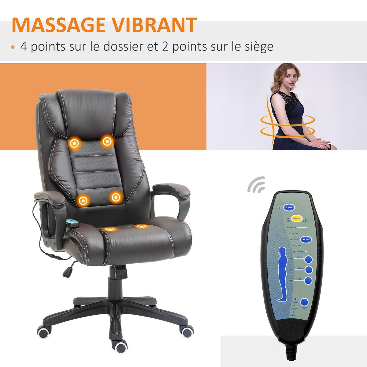 VINSETTO Fauteuil de bureau direction massant grand confort hauteur réglable fonction dossier à bascule revêtement synthétique chocolat