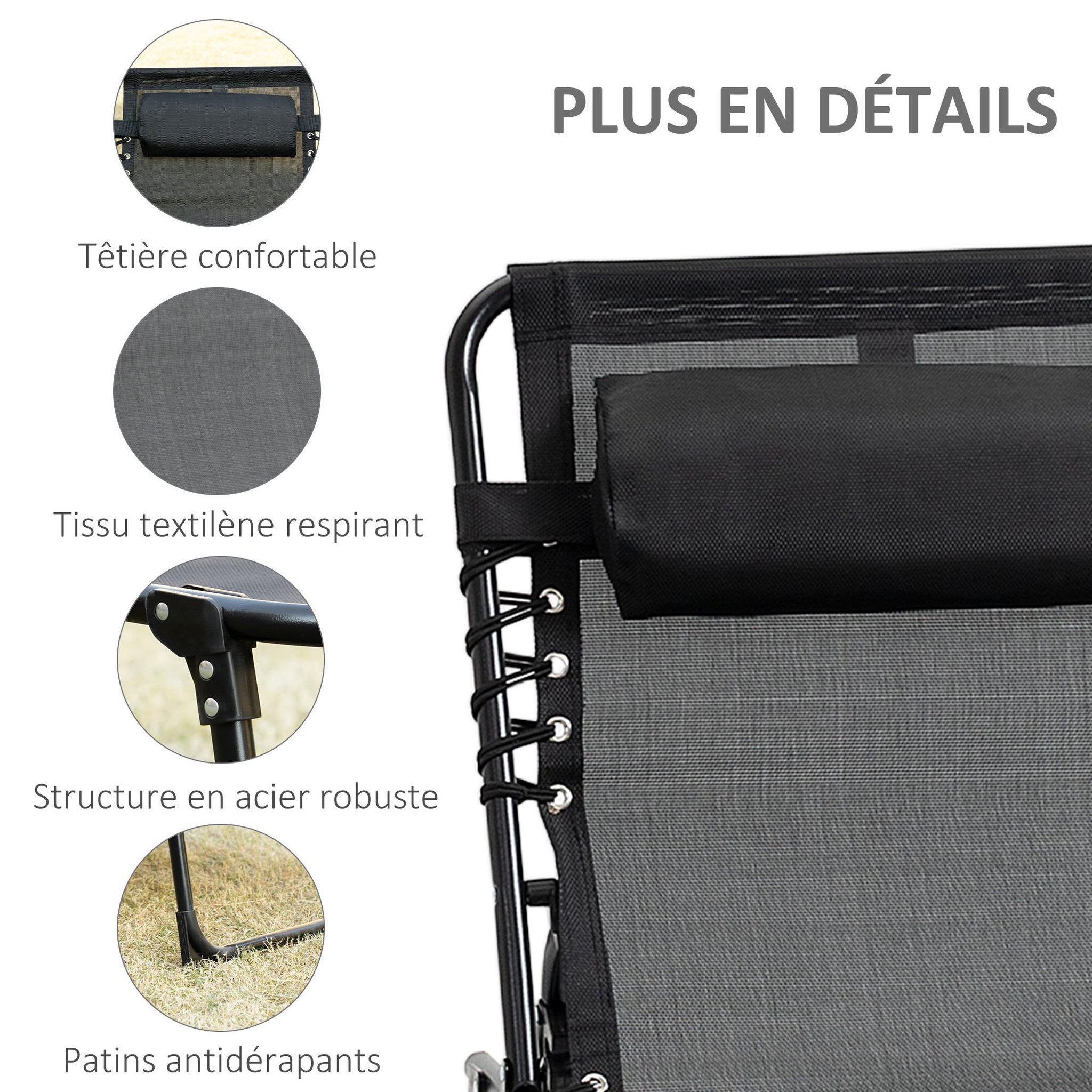 Voir la diapositive 6 : OUTSUNNY Bain de soleil transat pliable avec poignée - dossier inclinable multi-positions, pochette, tétière - acier époxy lacets élastiques textilène noir