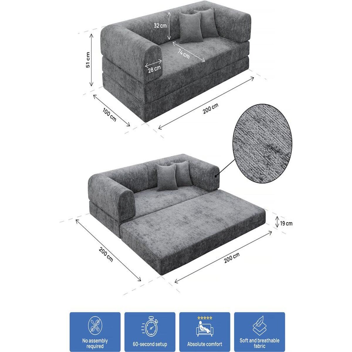 Habitat et Jardin Canapé droit convertible en tissu texturé  Elior  - 3 places - Gris foncé