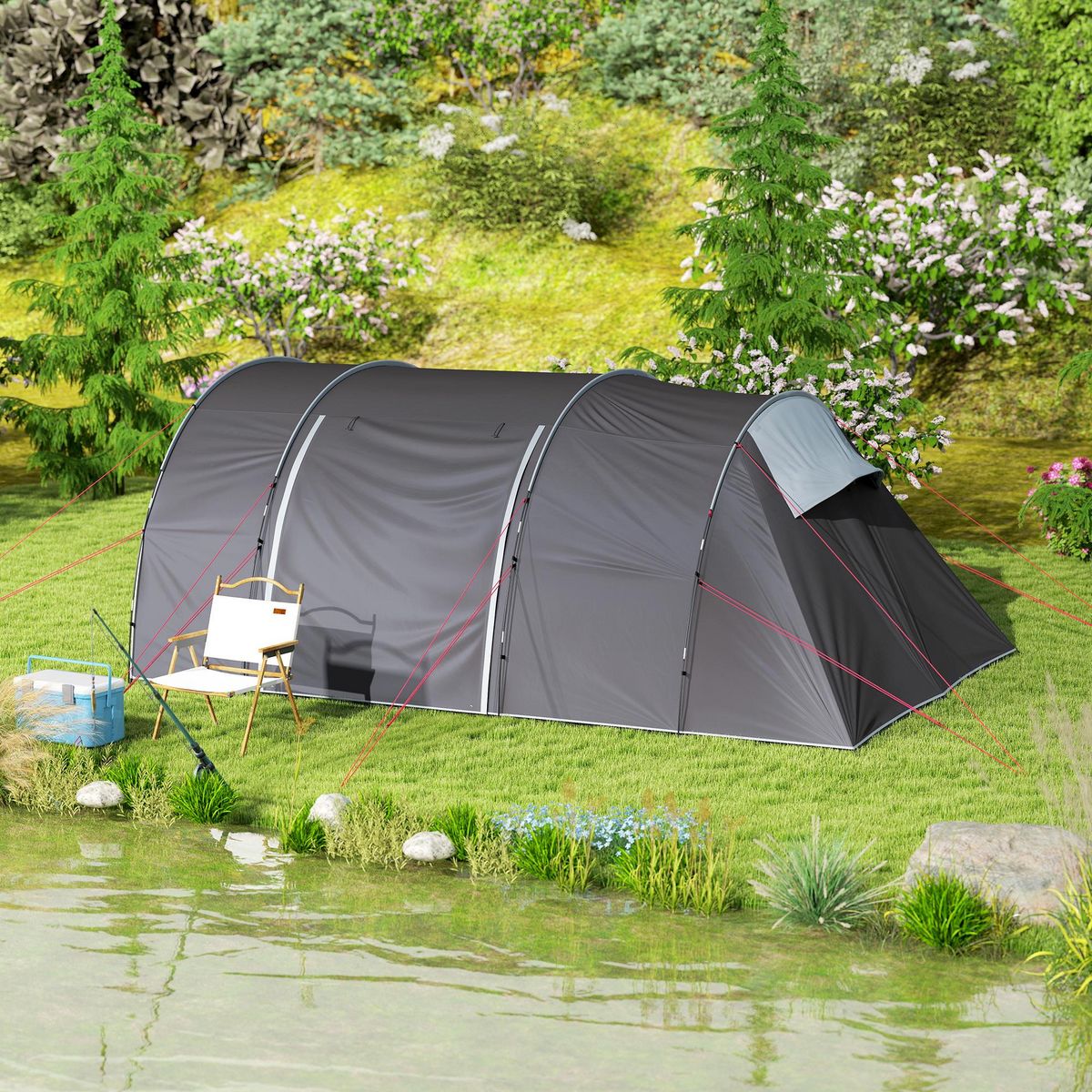 OUTSUNNY Tente camping 6 places - tente tunnel familiale - imperméabilité 5000mm - dim. 4,6 x 3,2 x 1,9 m - sac inclus - gris